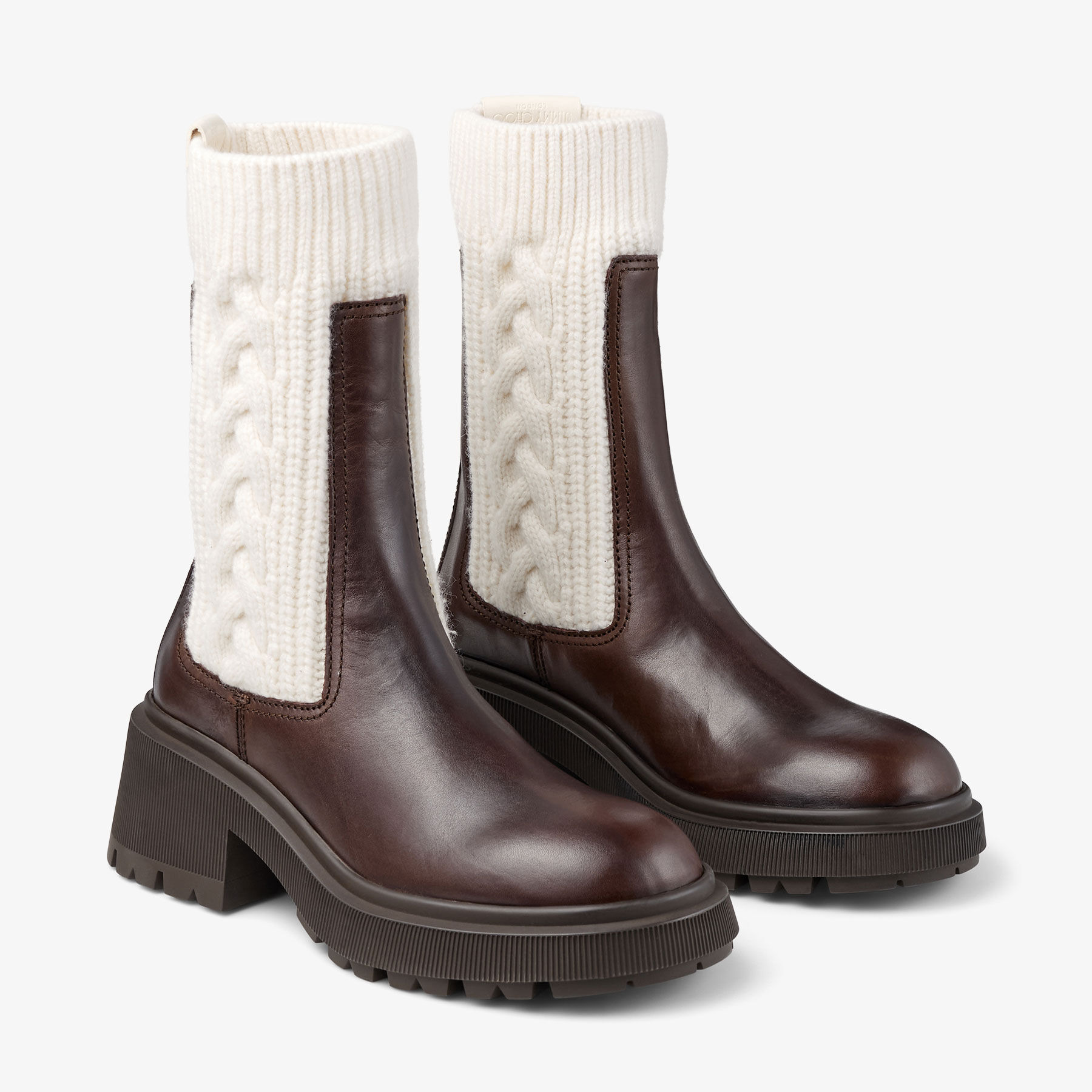 Tamia Flat
Chocolate Shiny Calf Leather Ankle Boots with Cable Knit - 2