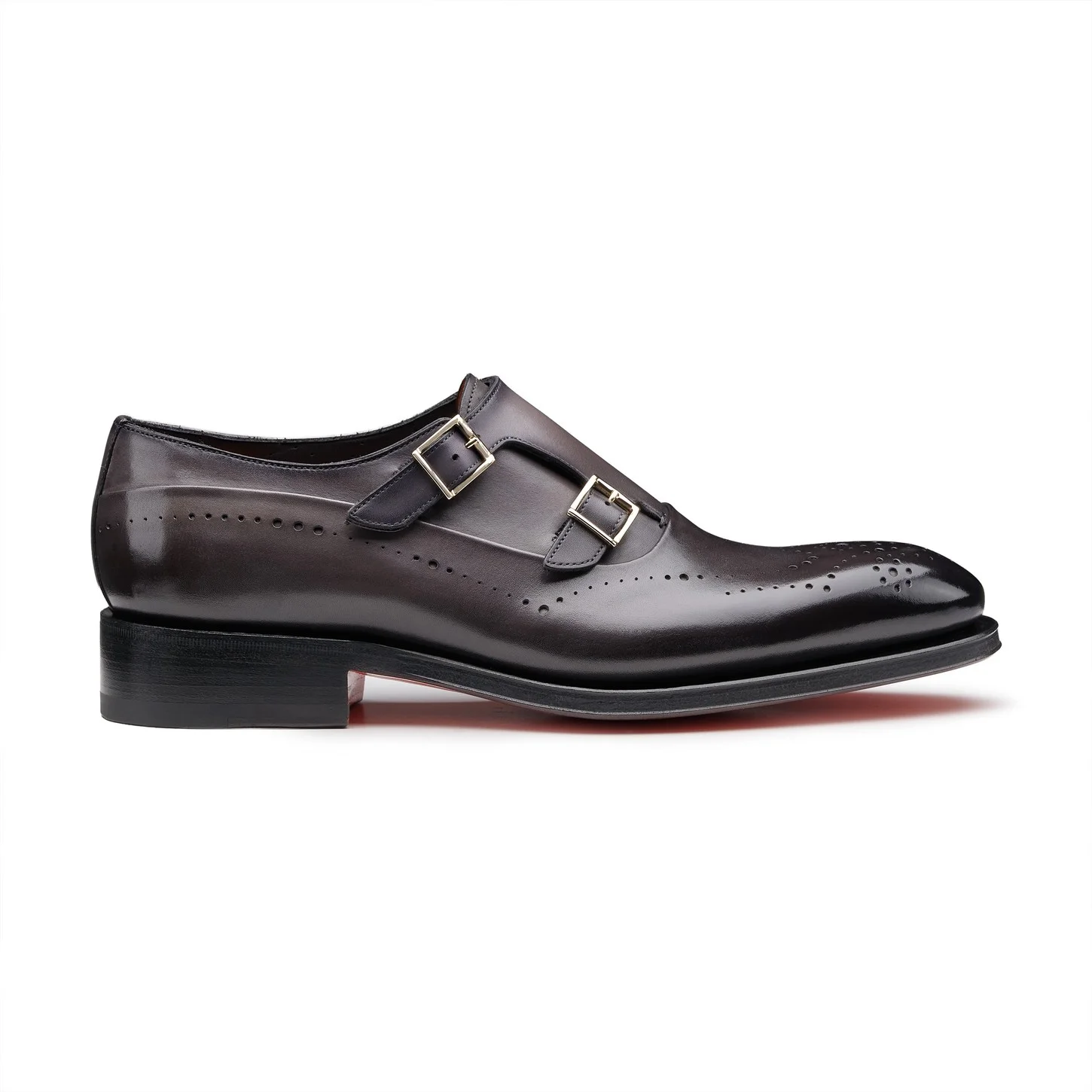 Men's grey leather double-buckle brogue shoe - 1