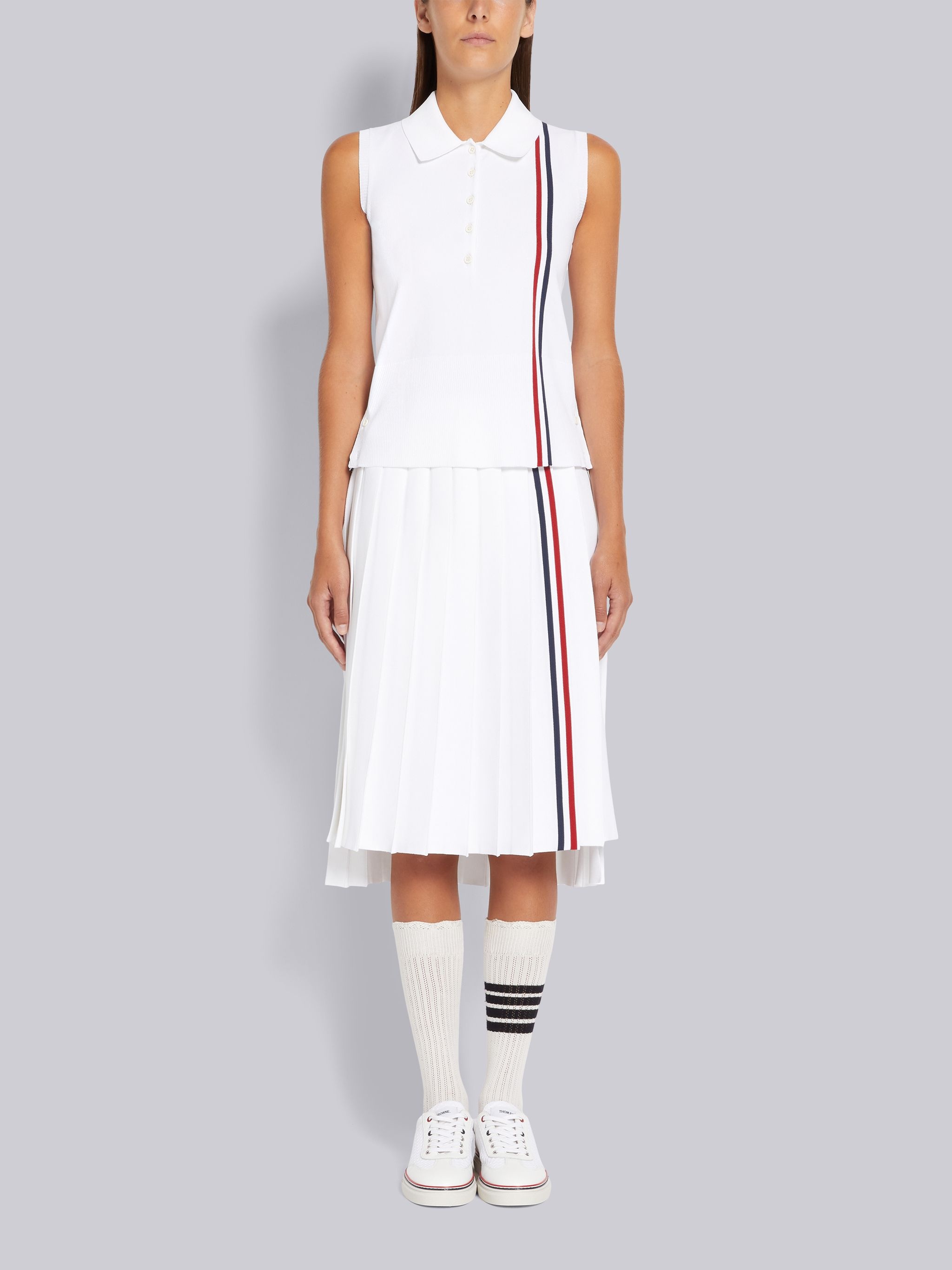 White Stretch Viscose Stripe Below The Knee Pleated Skirt - 4