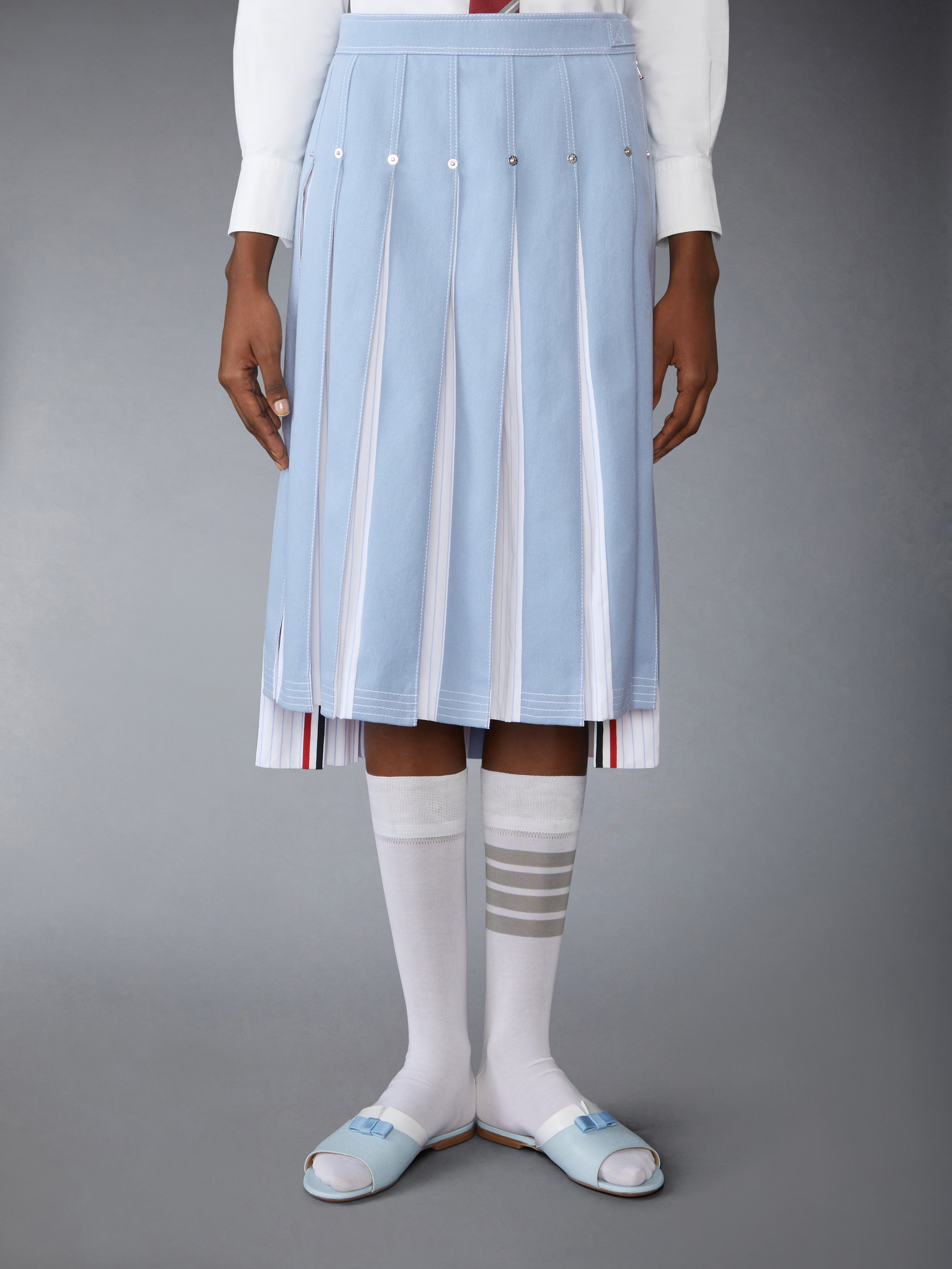 DENIM COMBO DROPPED BACK PLEATED SKIRT - 2