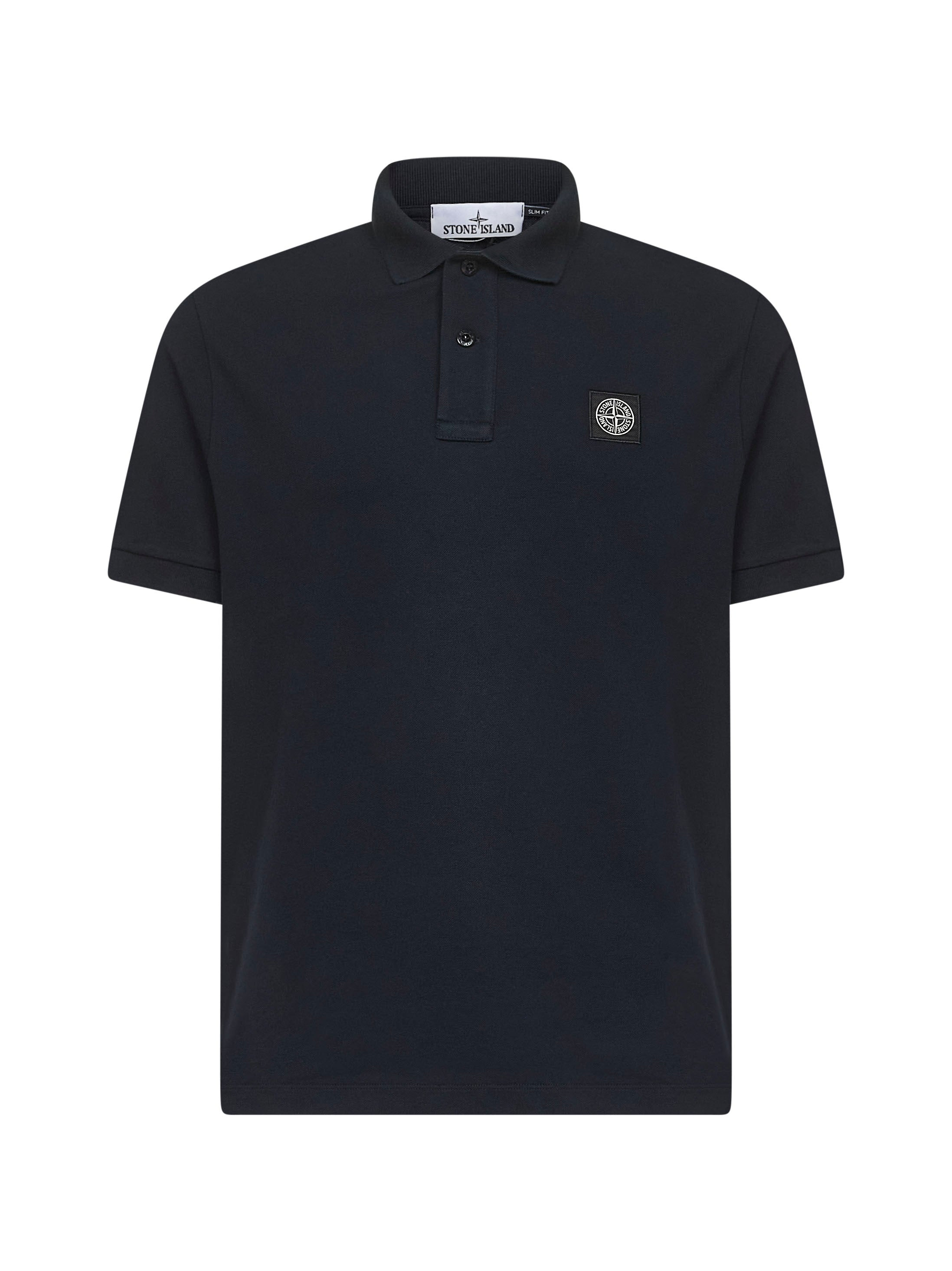 Blue stretch pique Compass patch polo shirt - 1