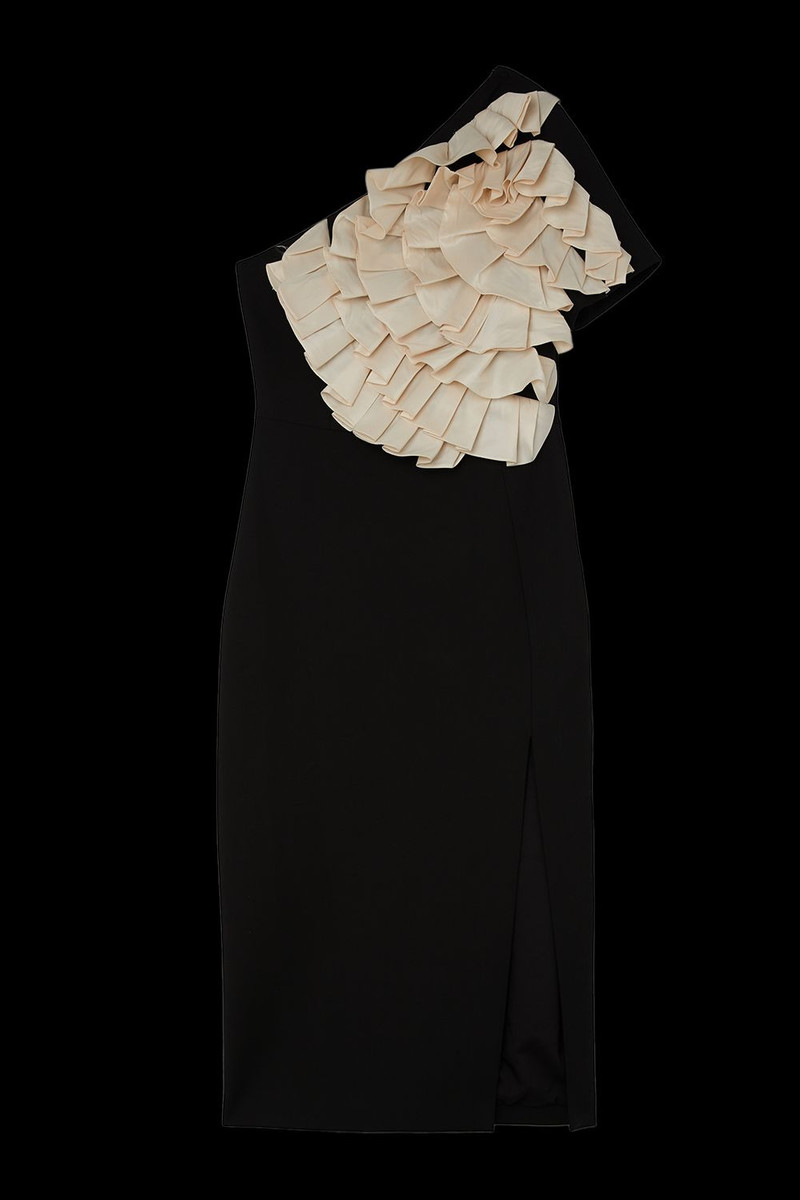 Compact Stretch Taffeta Ruffle One Shoulder Midi Dress 1