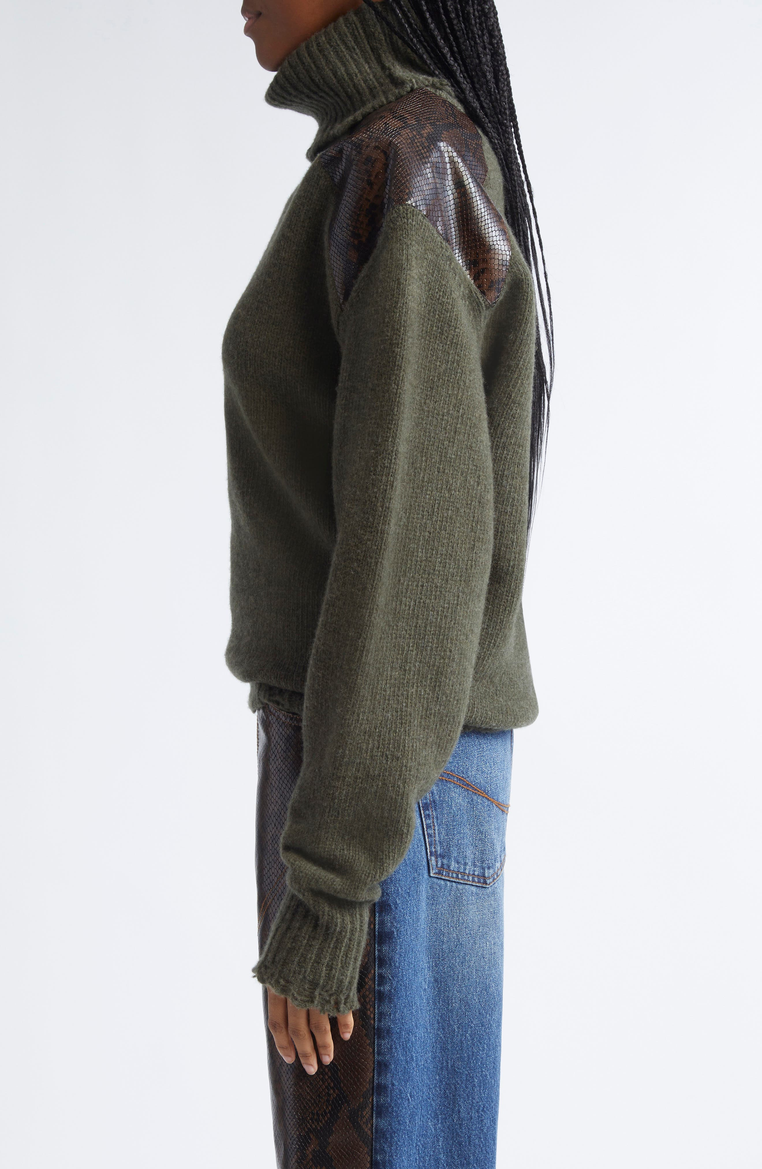 Stella McCartney Snakeskin Embossed Faux Leather & Virgin Wool Sweater in Dark Khaki at Nordstrom - 4