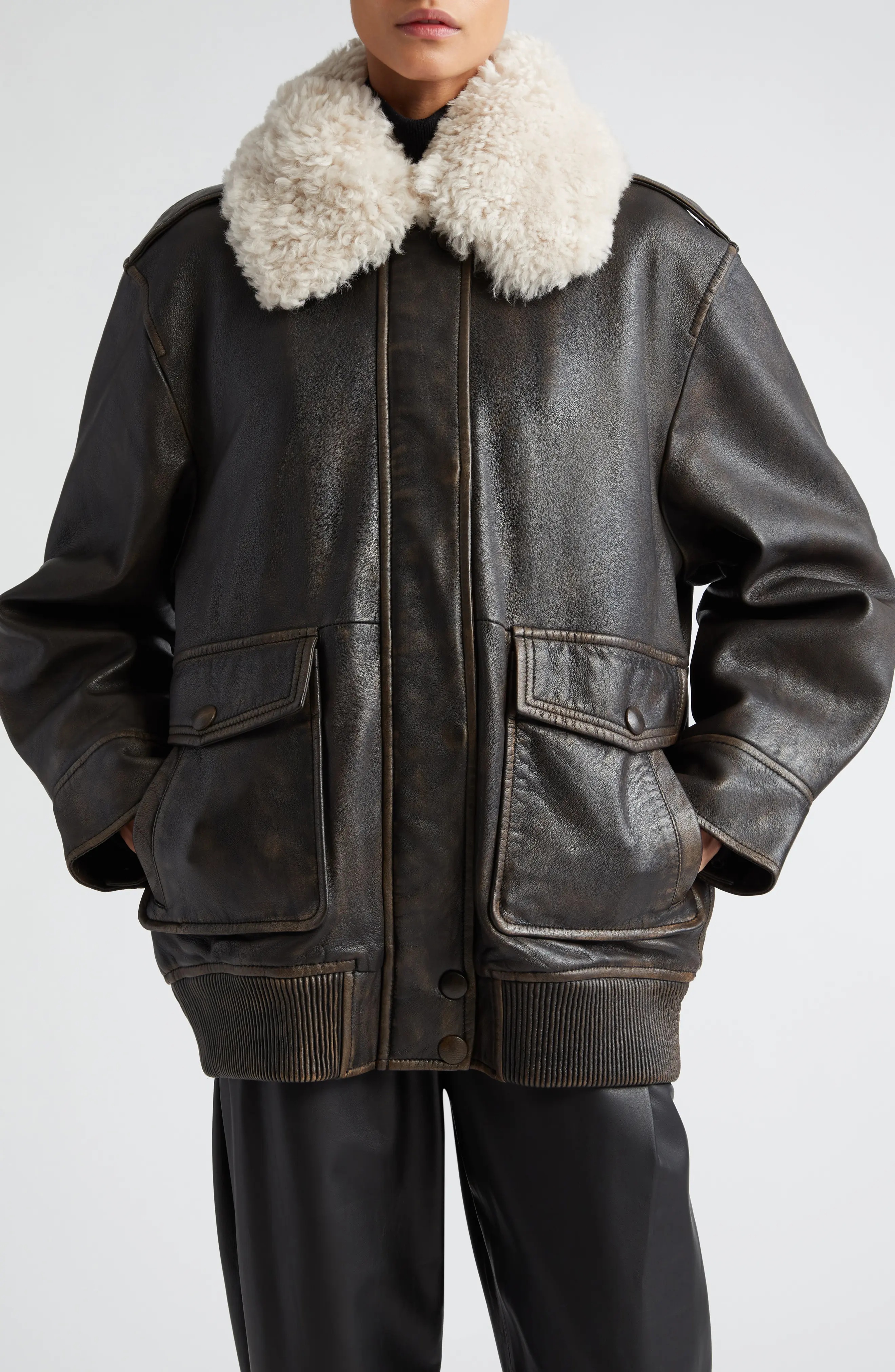 Danata Genuine Shearling Collar Lambskin Leather Jacket - 1