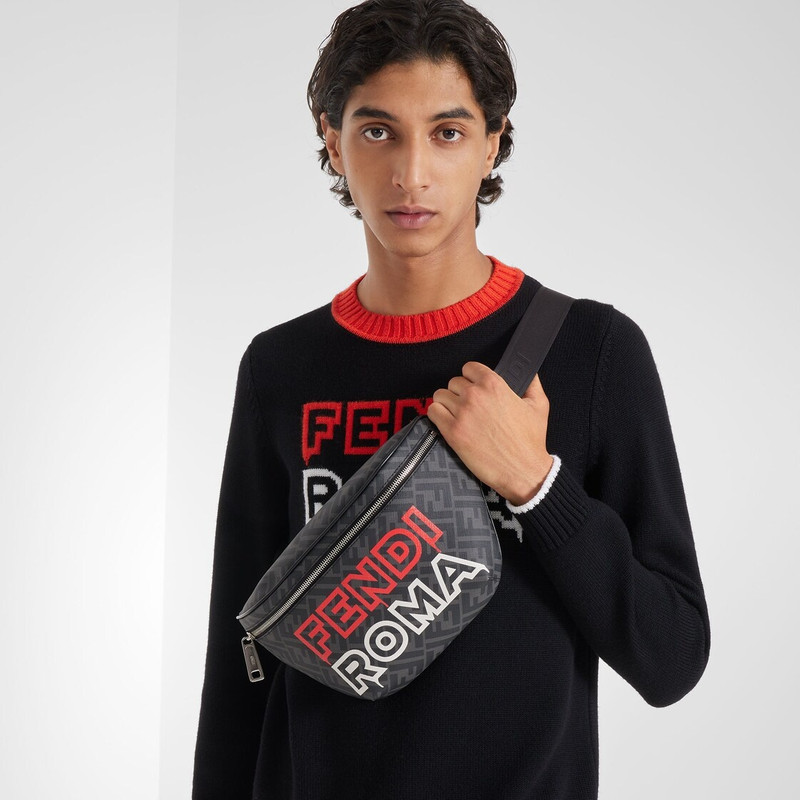 FENDI Belt bag made of black and gray FF fabric. Internal compartment with zipper and palladium-finish met outlook