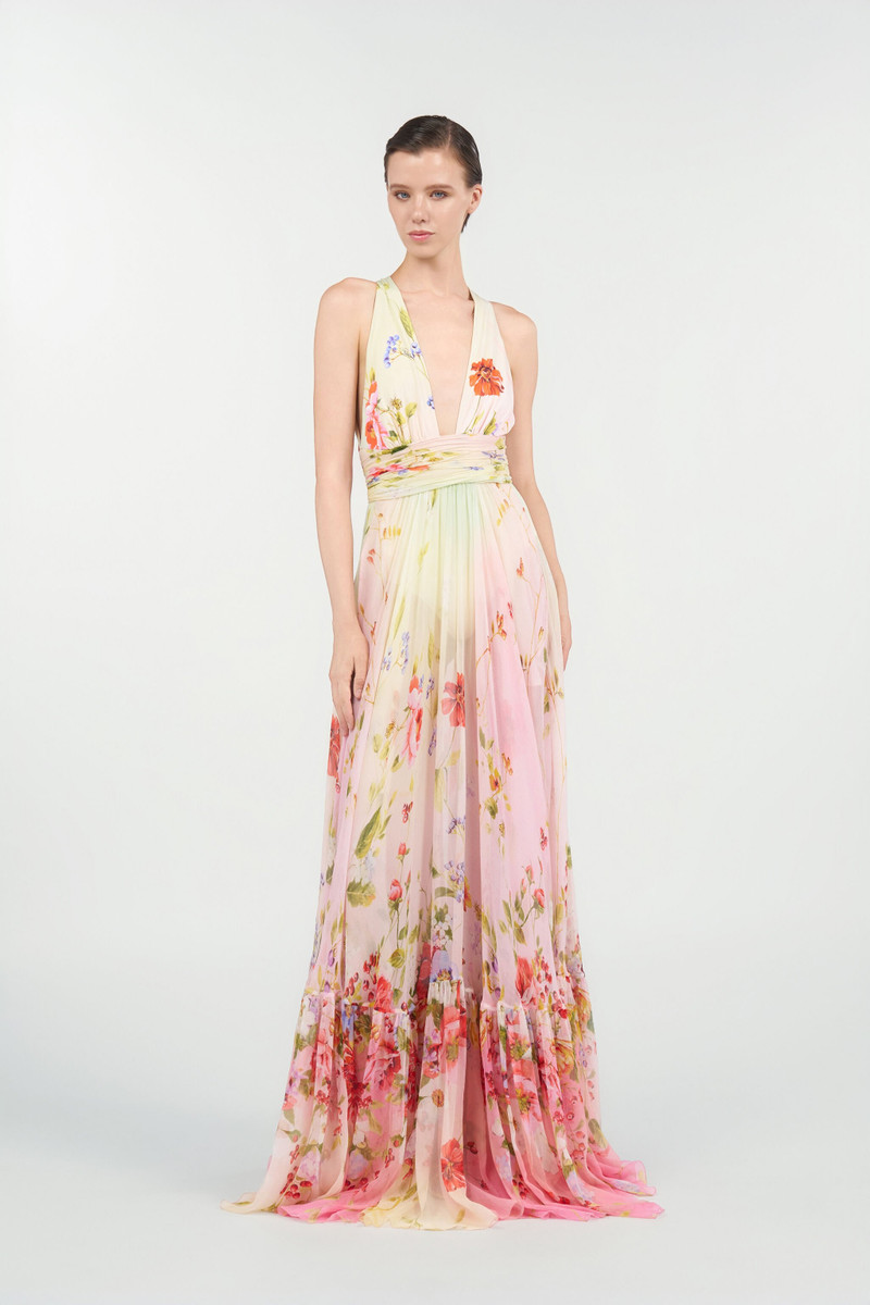 Roberto Cavalli Long Chiffon Dress with Miami Flowers Print outlook