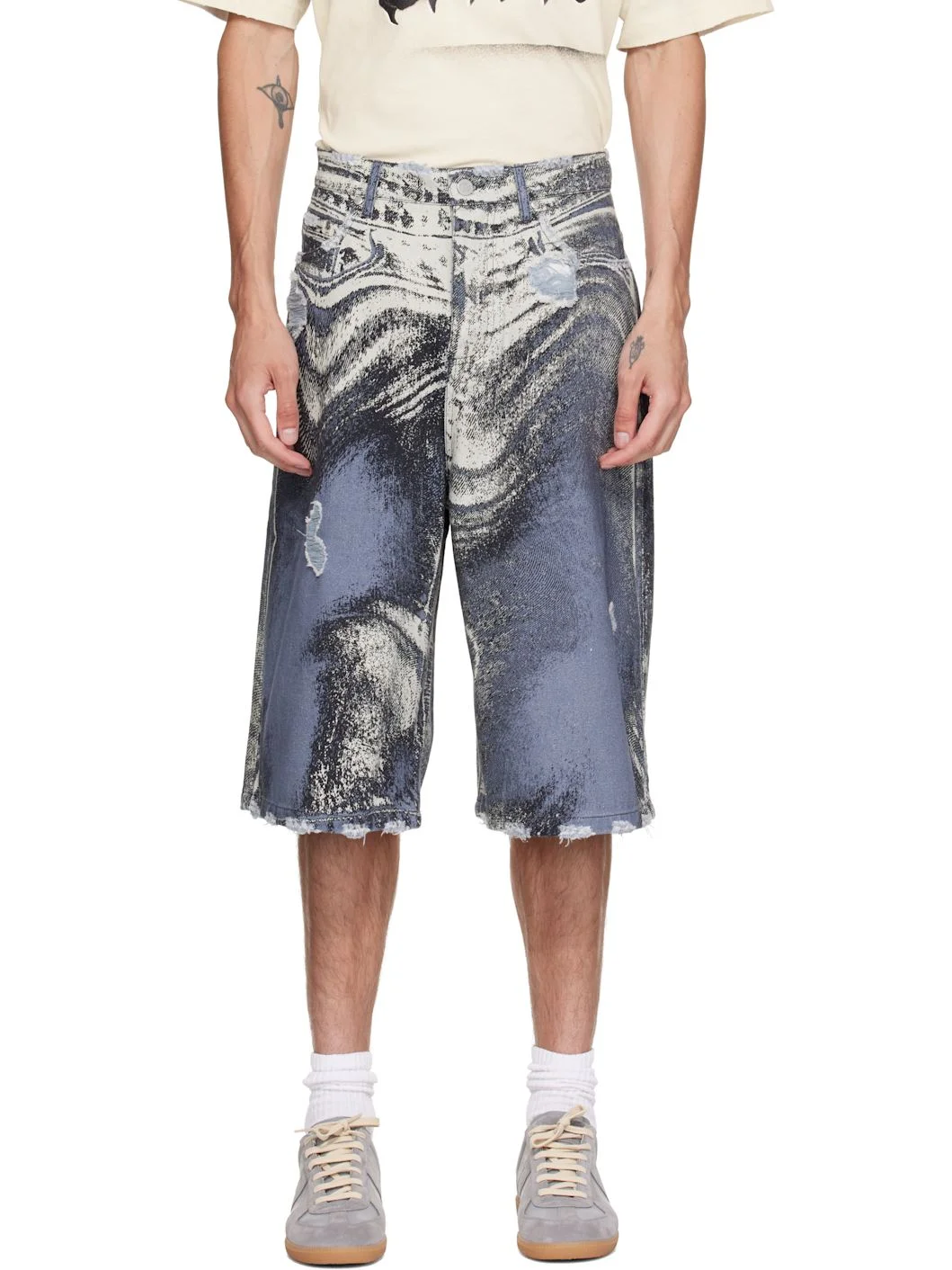Blue Distorted Print Distressed Denim Shorts - 1