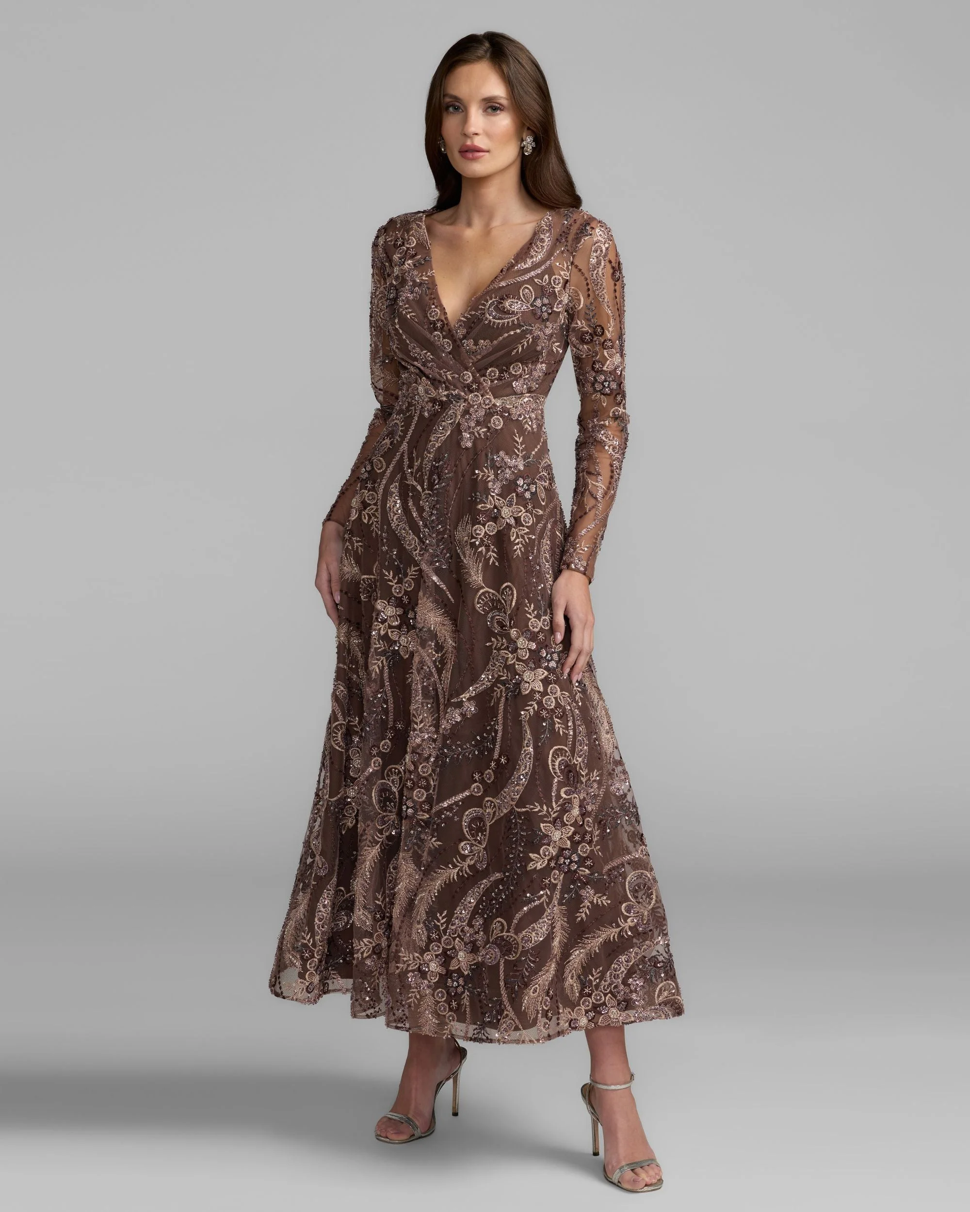 Chocolate Embroidered Long Sleeve V-Neck Midi Dress - 1