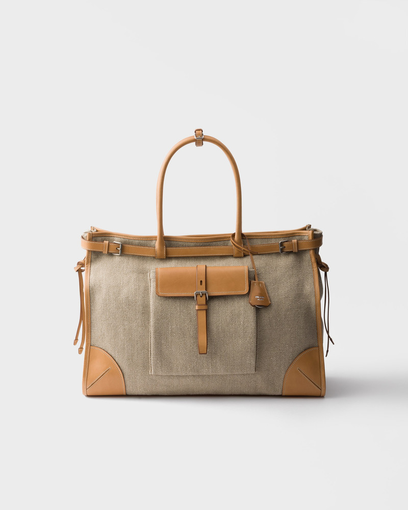 Prada Route linen and leather tote bag 1