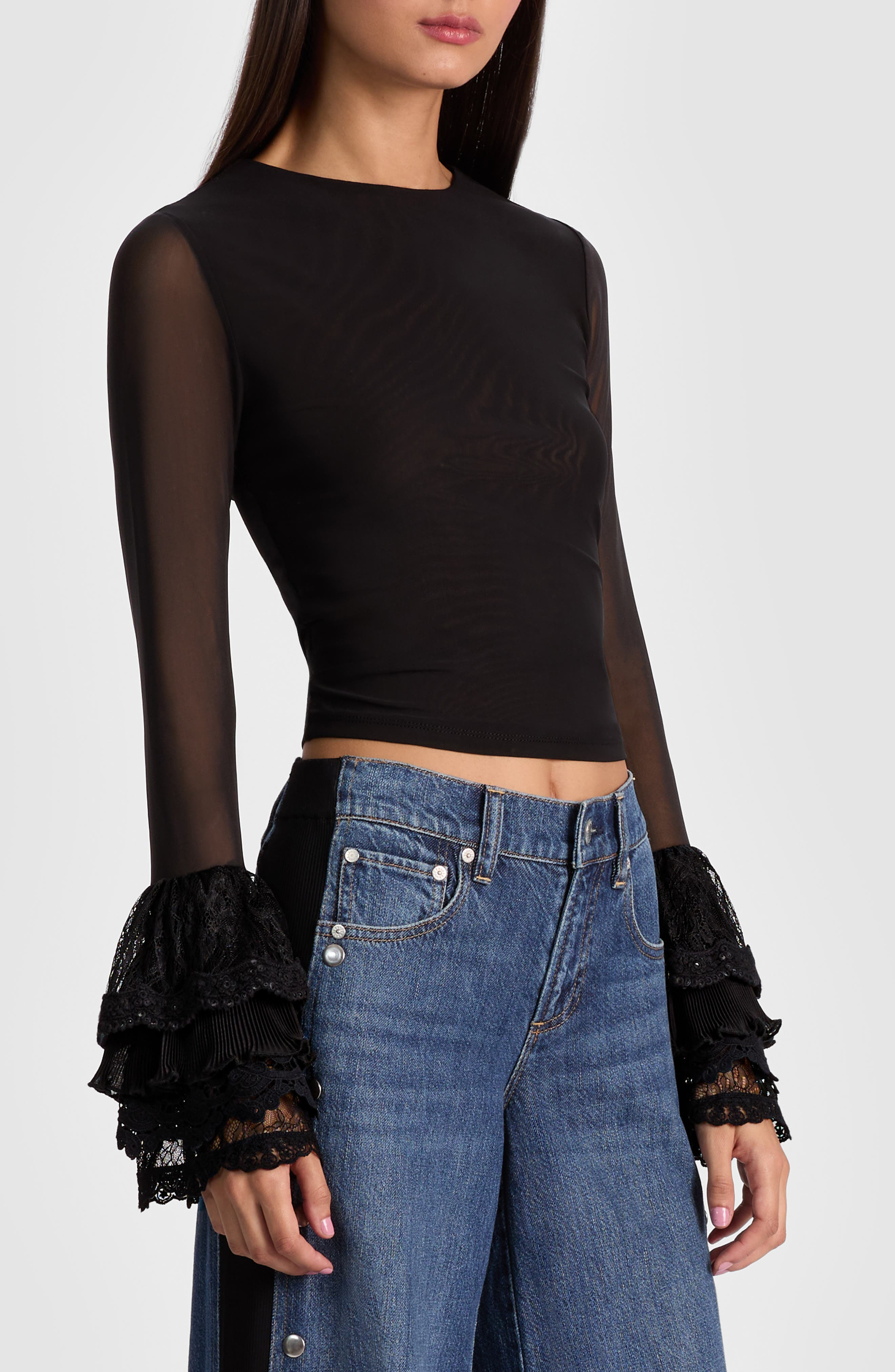 Alice + Olivia Delania Mesh Ruffle Cuff Top in Black at Nordstrom - 3
