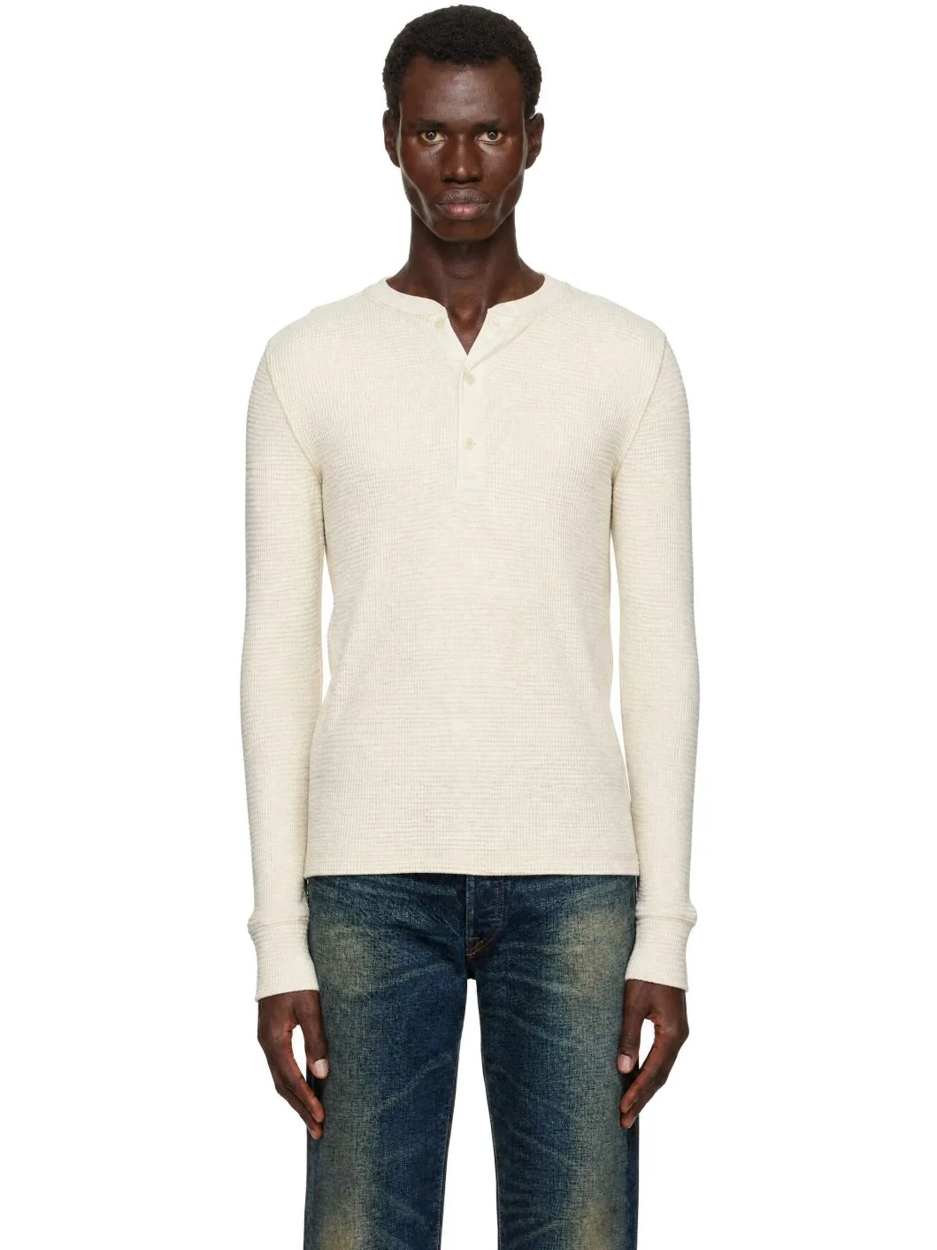 White Waffle-Knit Henley - 1