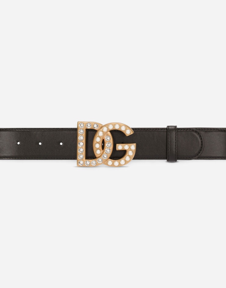 Calfskin belt with bejeweled DG logo - 3