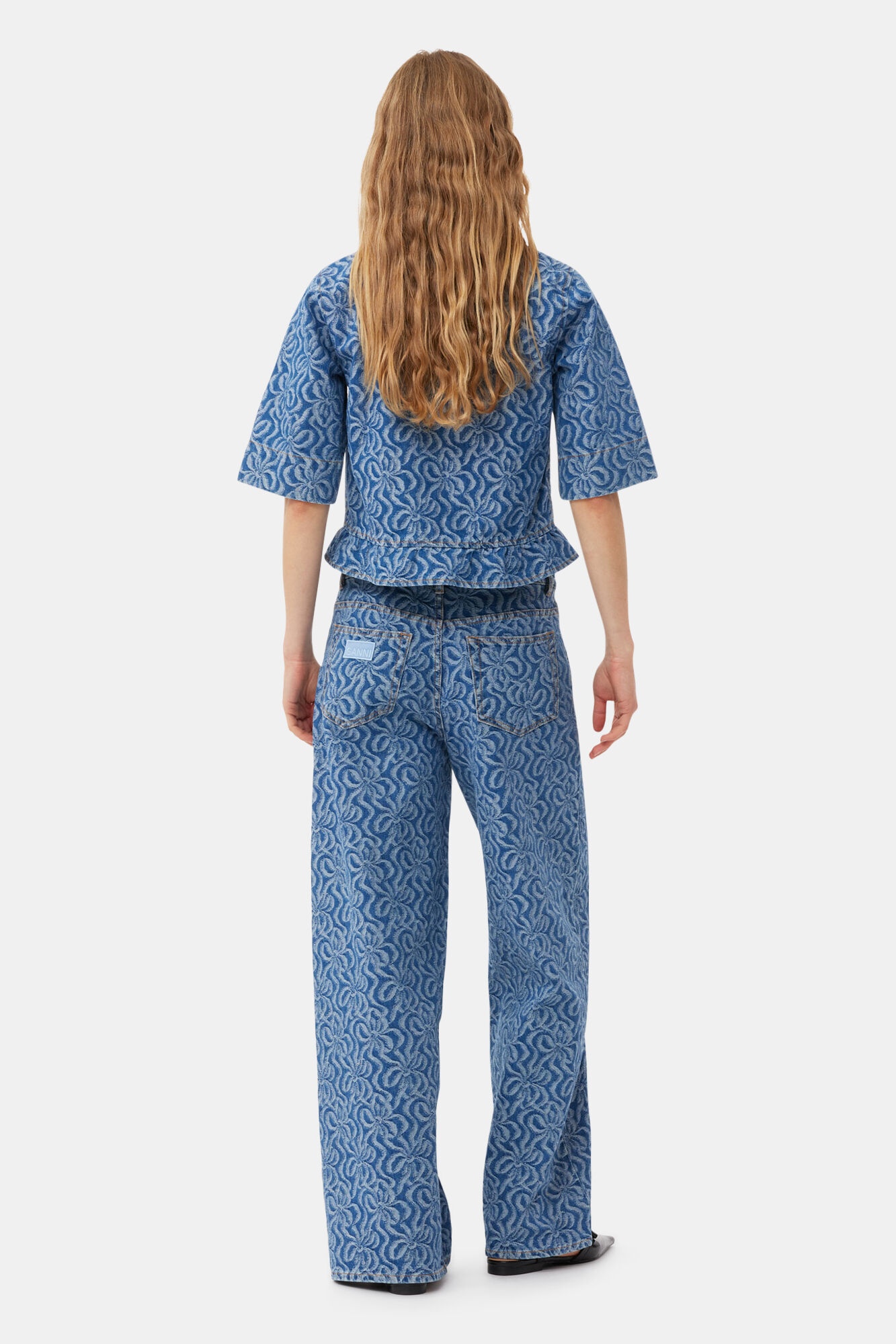 BLUE JACQUARD DENIM WIDE PANTS - 3