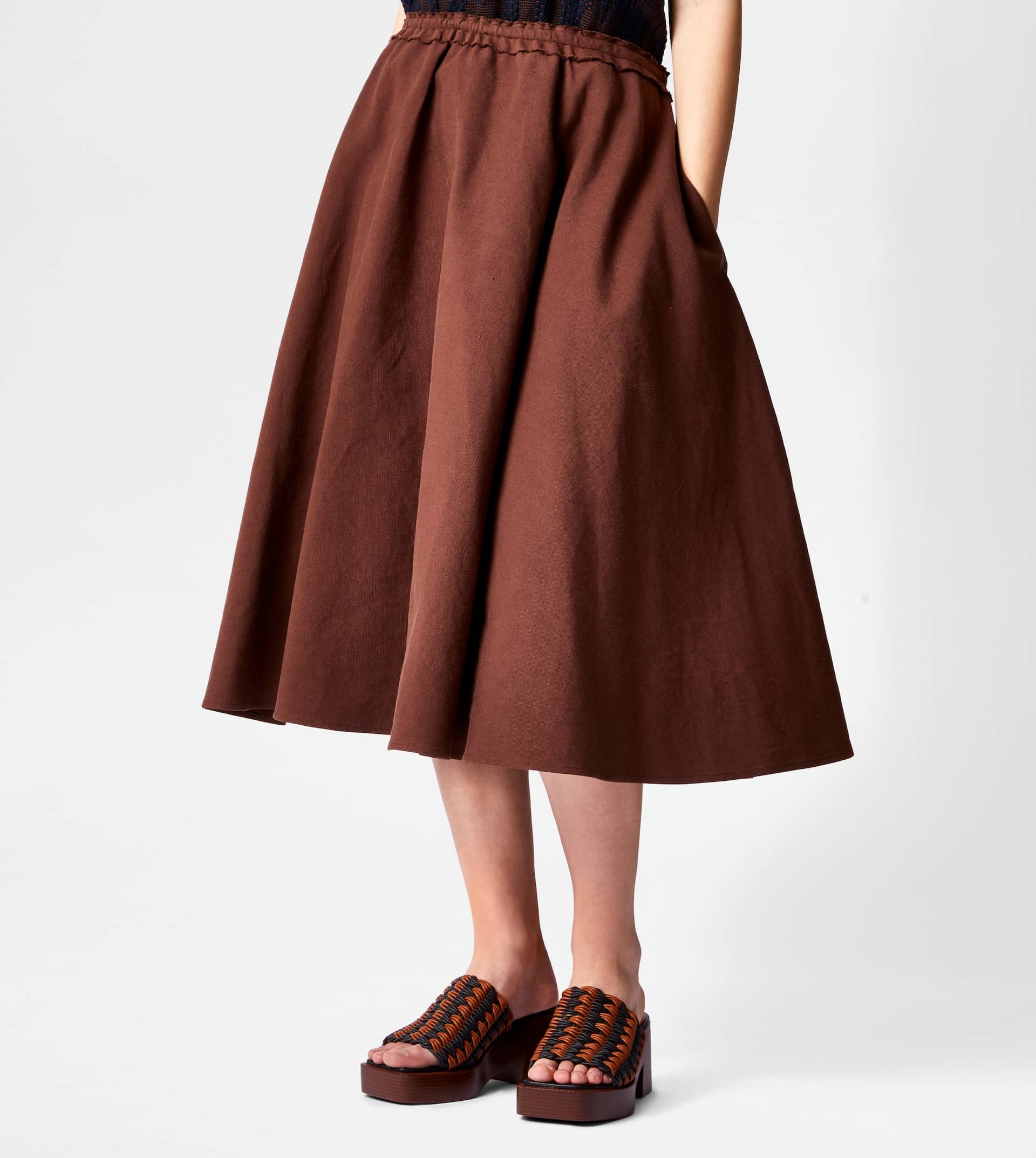 LINEN BLEND FLARED SKIRT - BROWN - 6