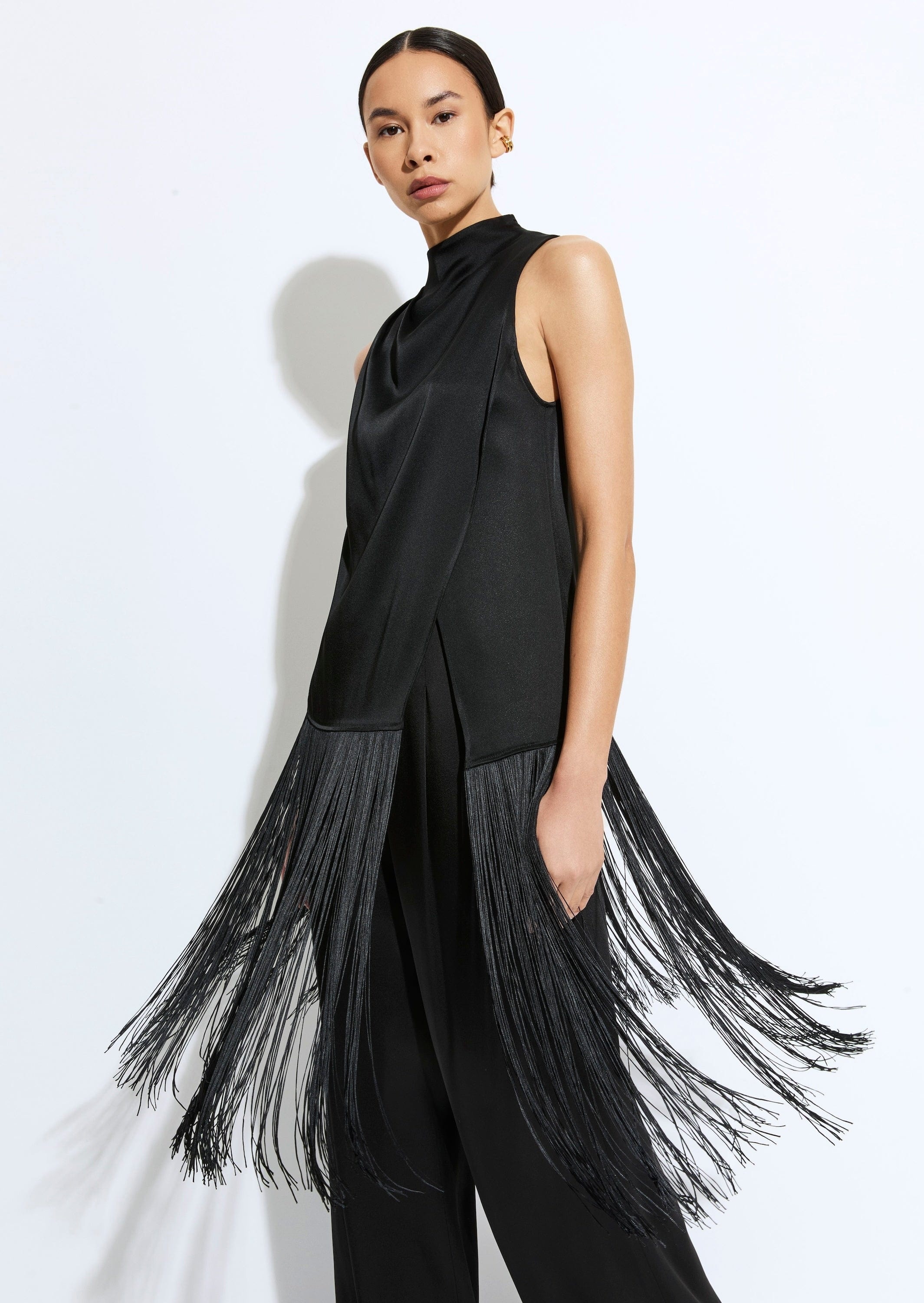 Satin Cowl Neck Fringe Top - 4