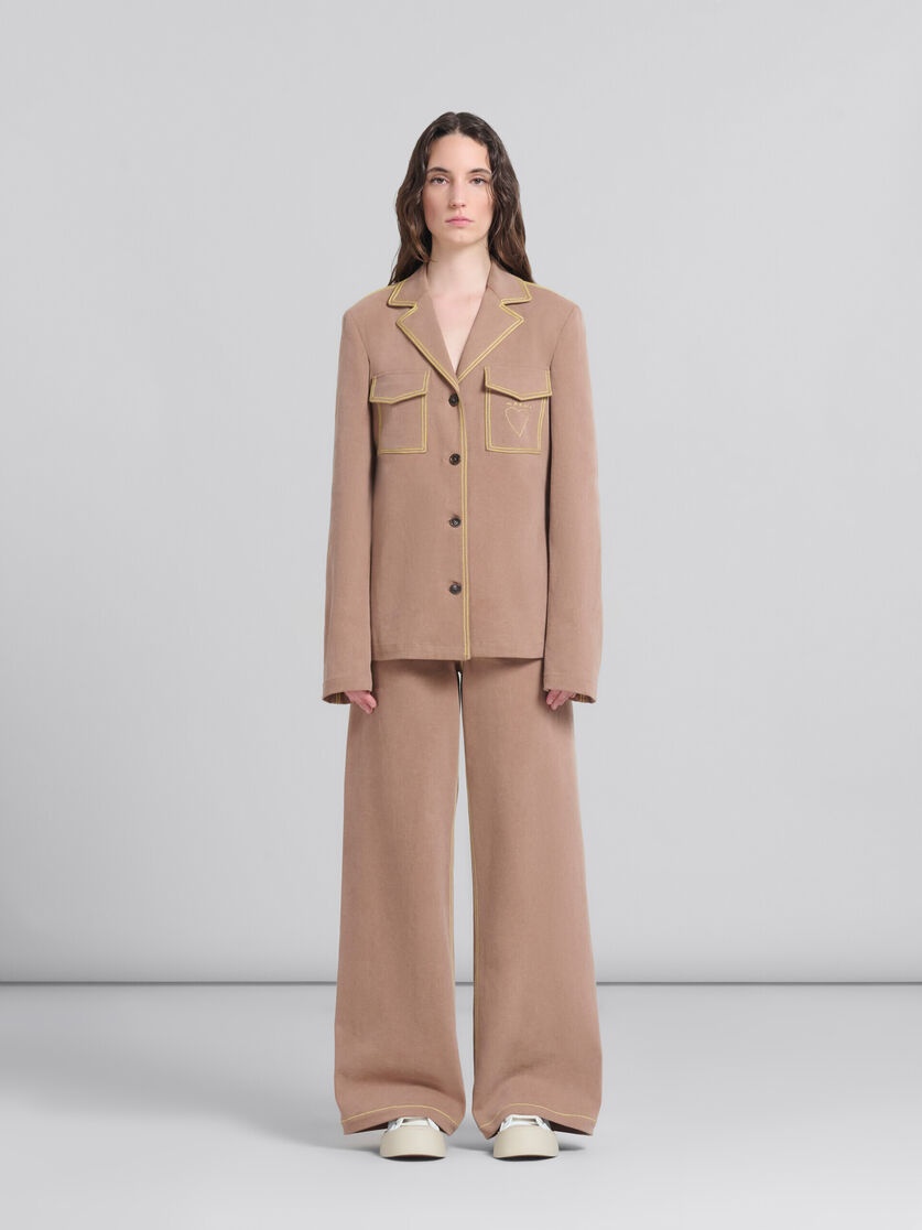 BROWN ORGANIC DENIM BLAZER WITH CONTRAST STITCHING - 1