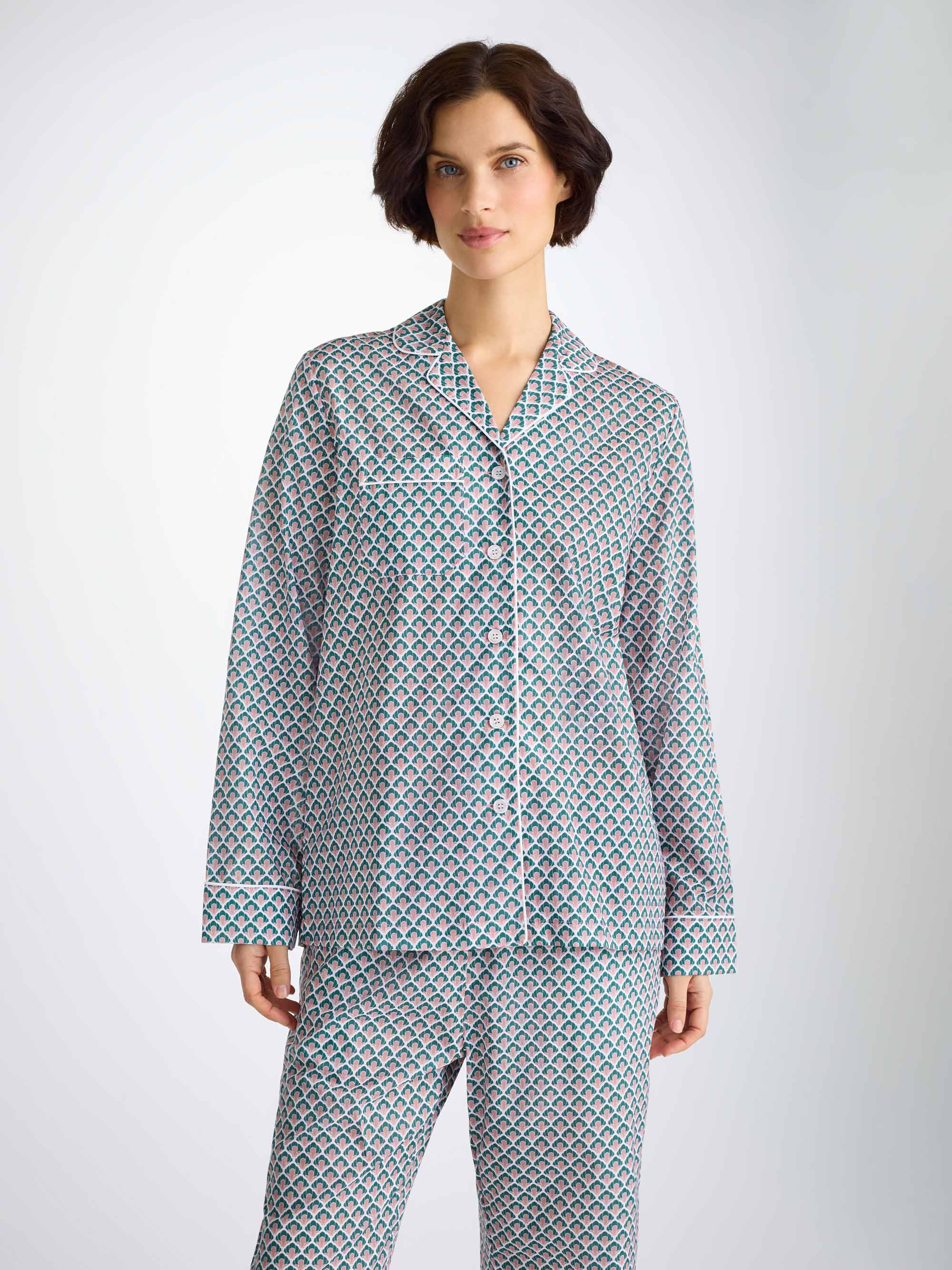 Women's Pajamas Cotton Batiste Jungle Green Scalloped Leaf Print - 3