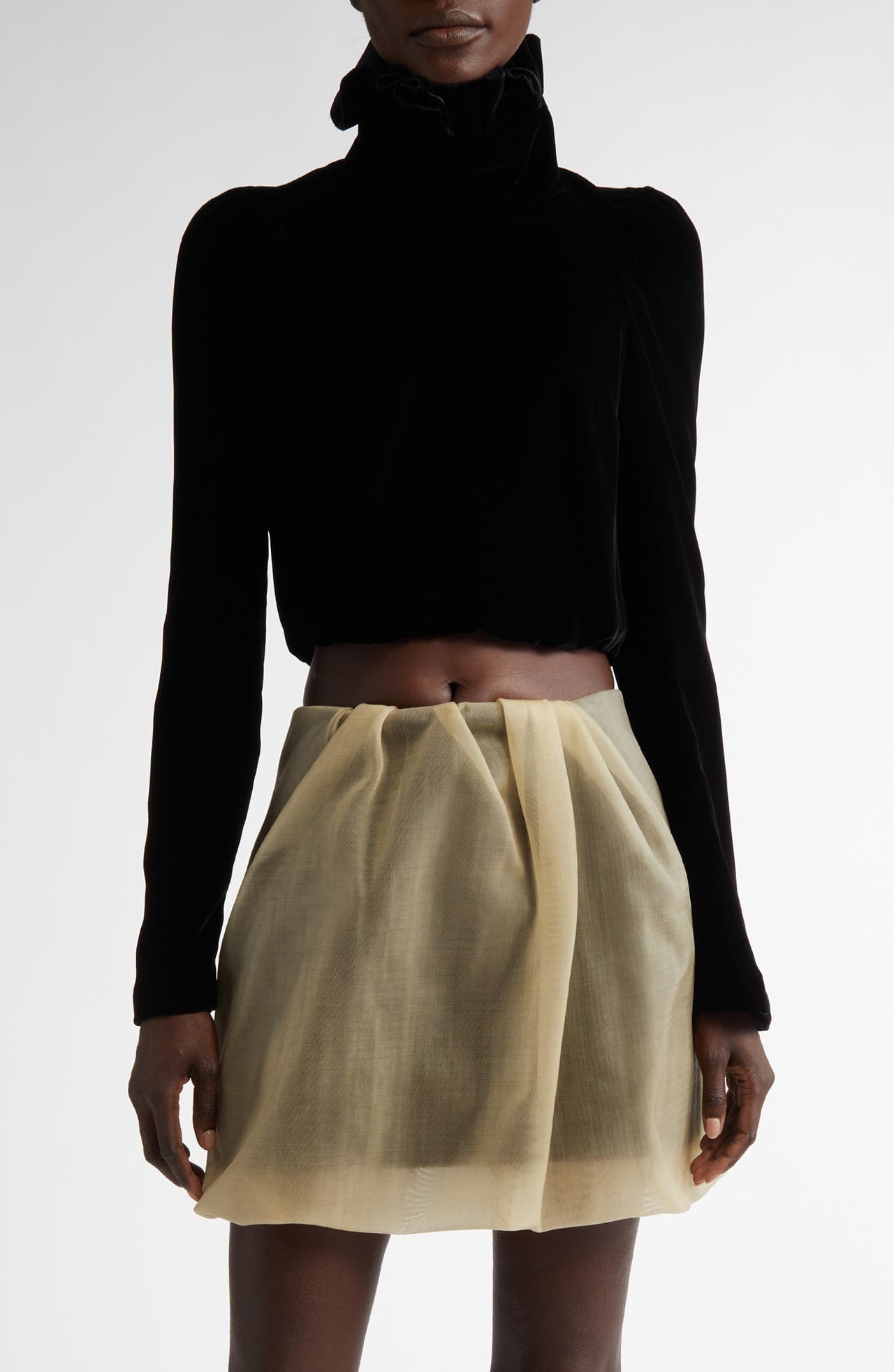 Alexander McQueen Ruffled Turtleneck Velvet Crop Top in Black at Nordstrom - 1