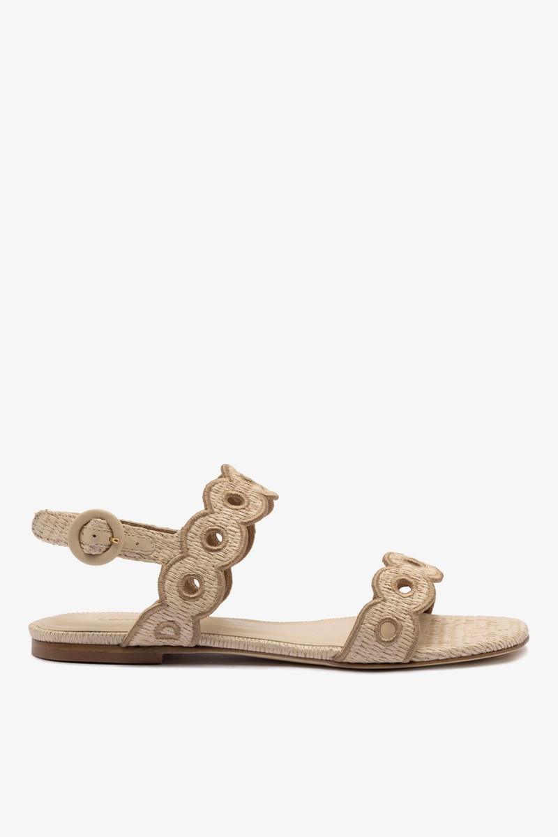 Florence Broderie Flat Sandal In Natural Raffia and Hazelnut Trimming 1