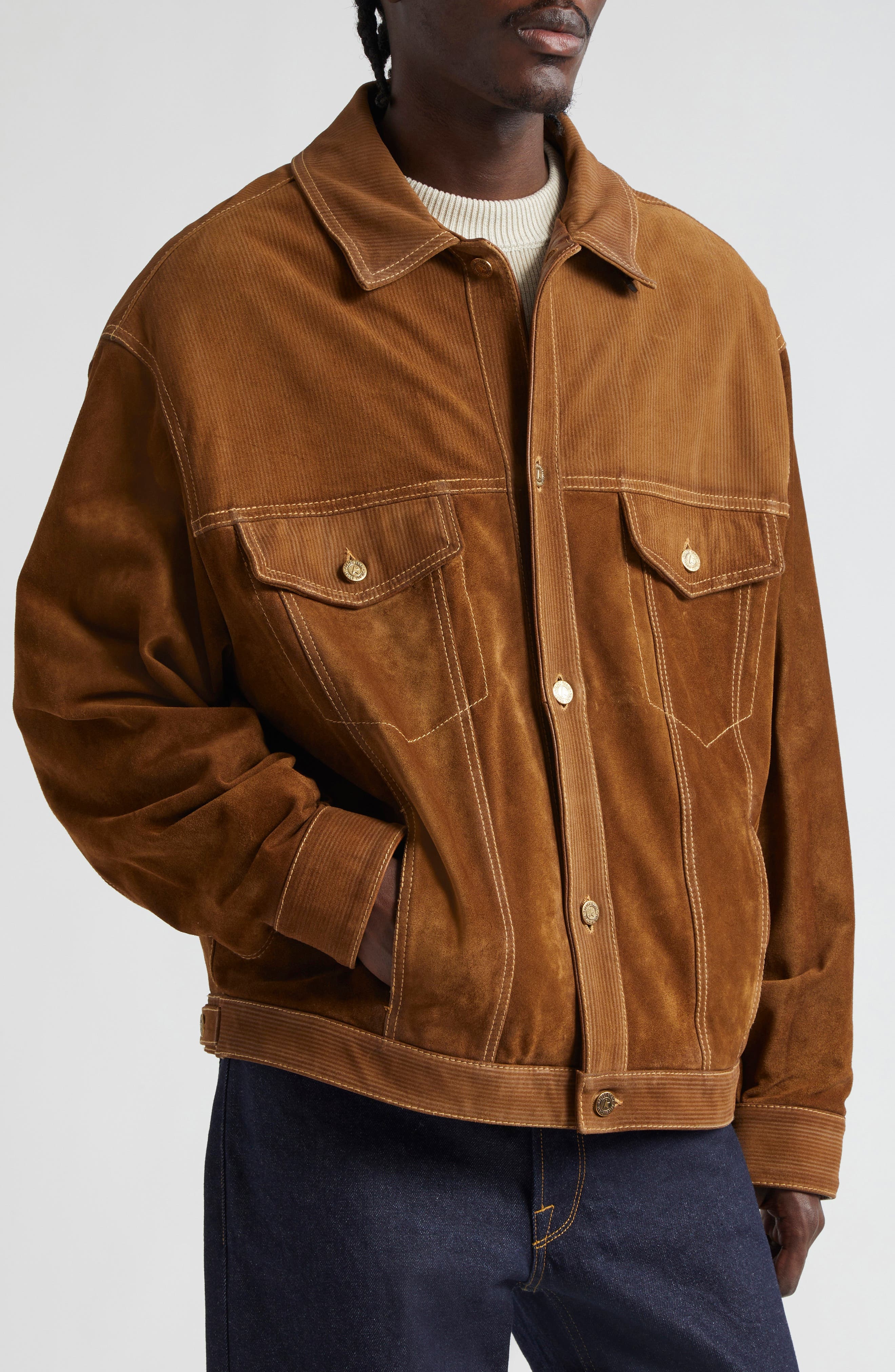 Golden Goose Journey Suede Trucker Jacket with Removable Faux Shearling Collar in Tobacco Brown at N - 3