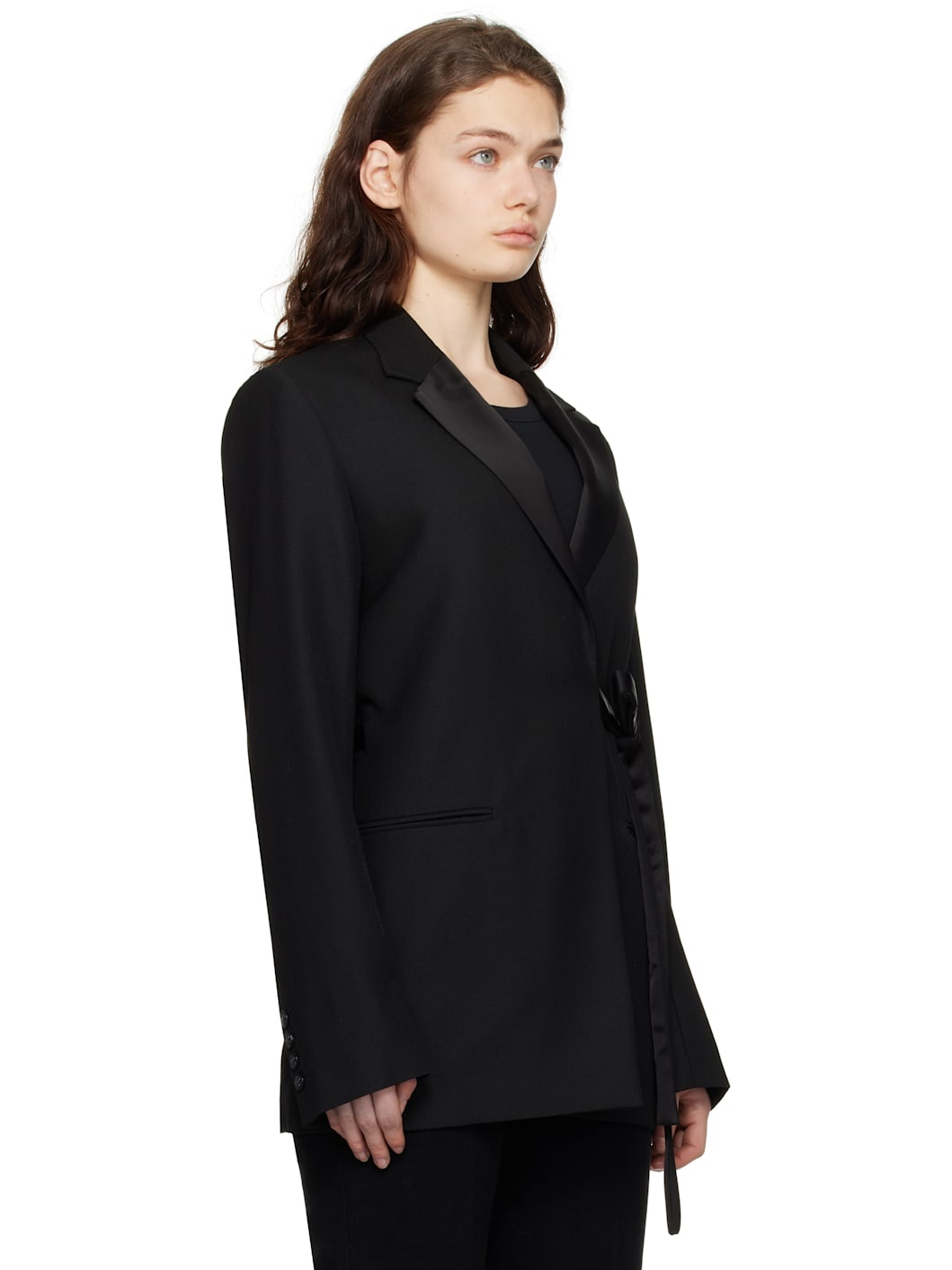 Black Satin-Lapel Wrap Blazer - 2