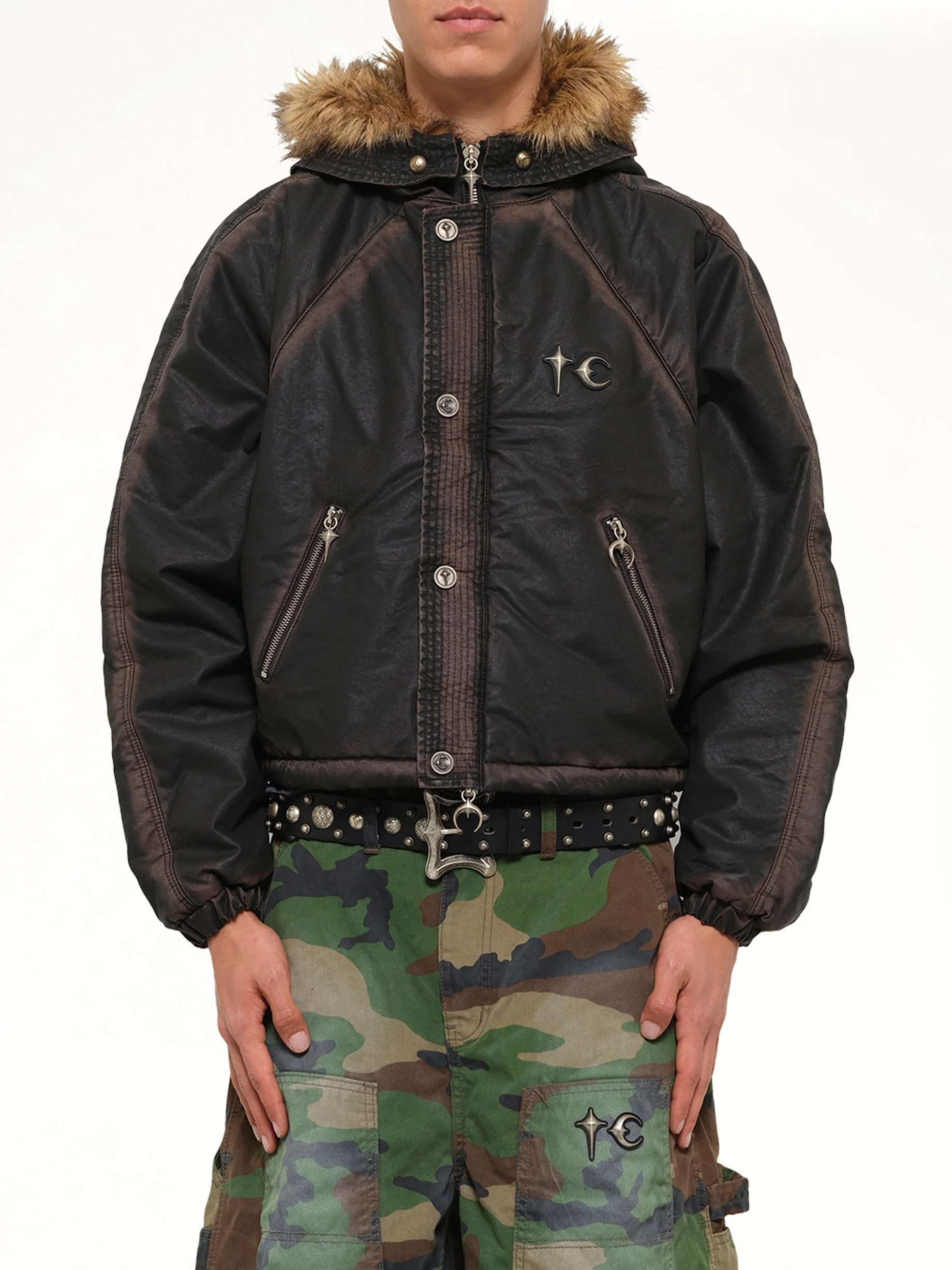 Three Riding Skull Fur Hooded Jacket in Black - 1