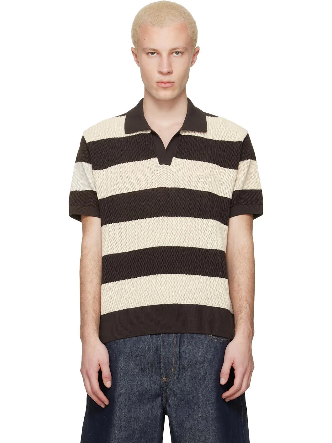 Brown & Off-White Striped Sweater Polo - 1