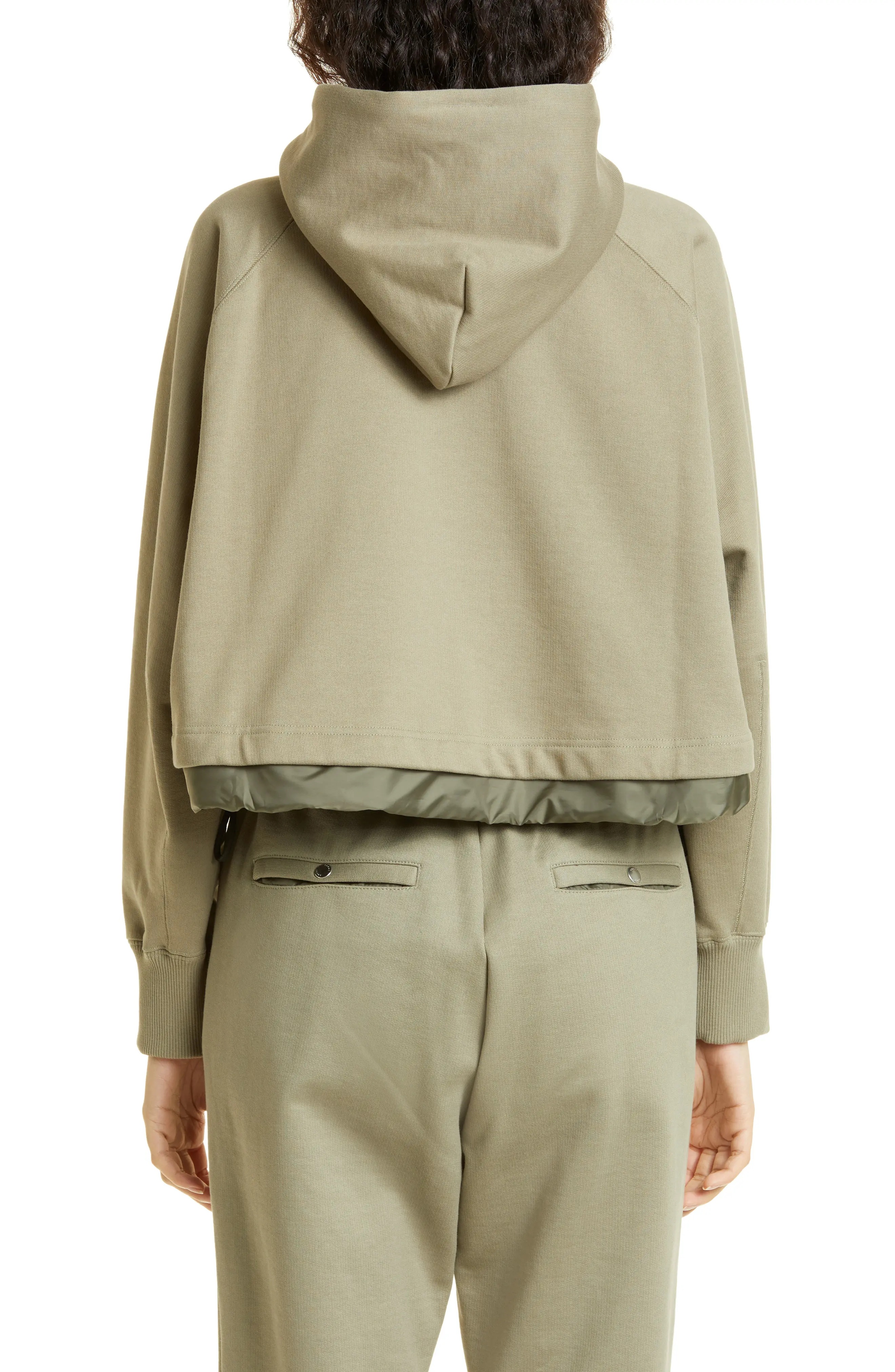 Mixed Media High-Low Cotton Jersey Hoodie in L/Khaki - 2