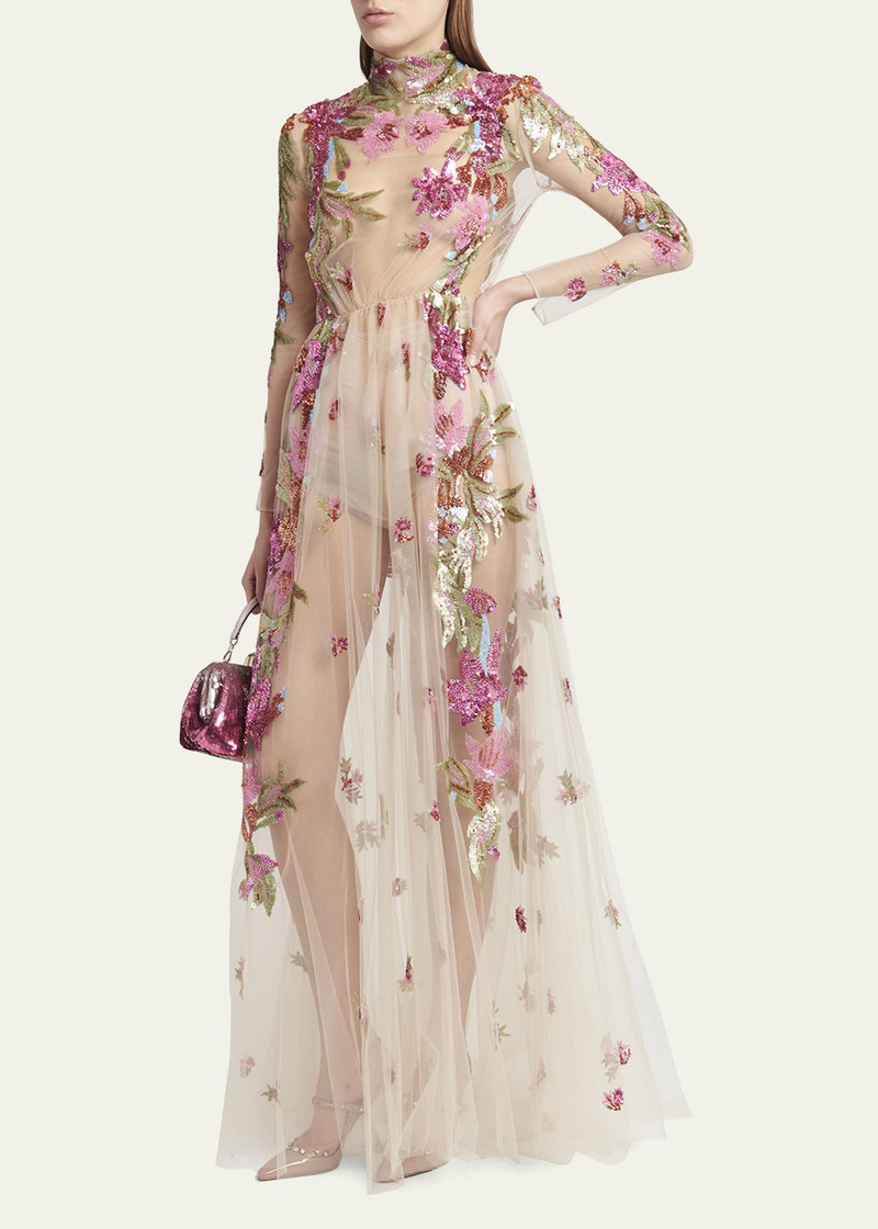 Embroidered Tulle Illusion Gown with Floral Details 4