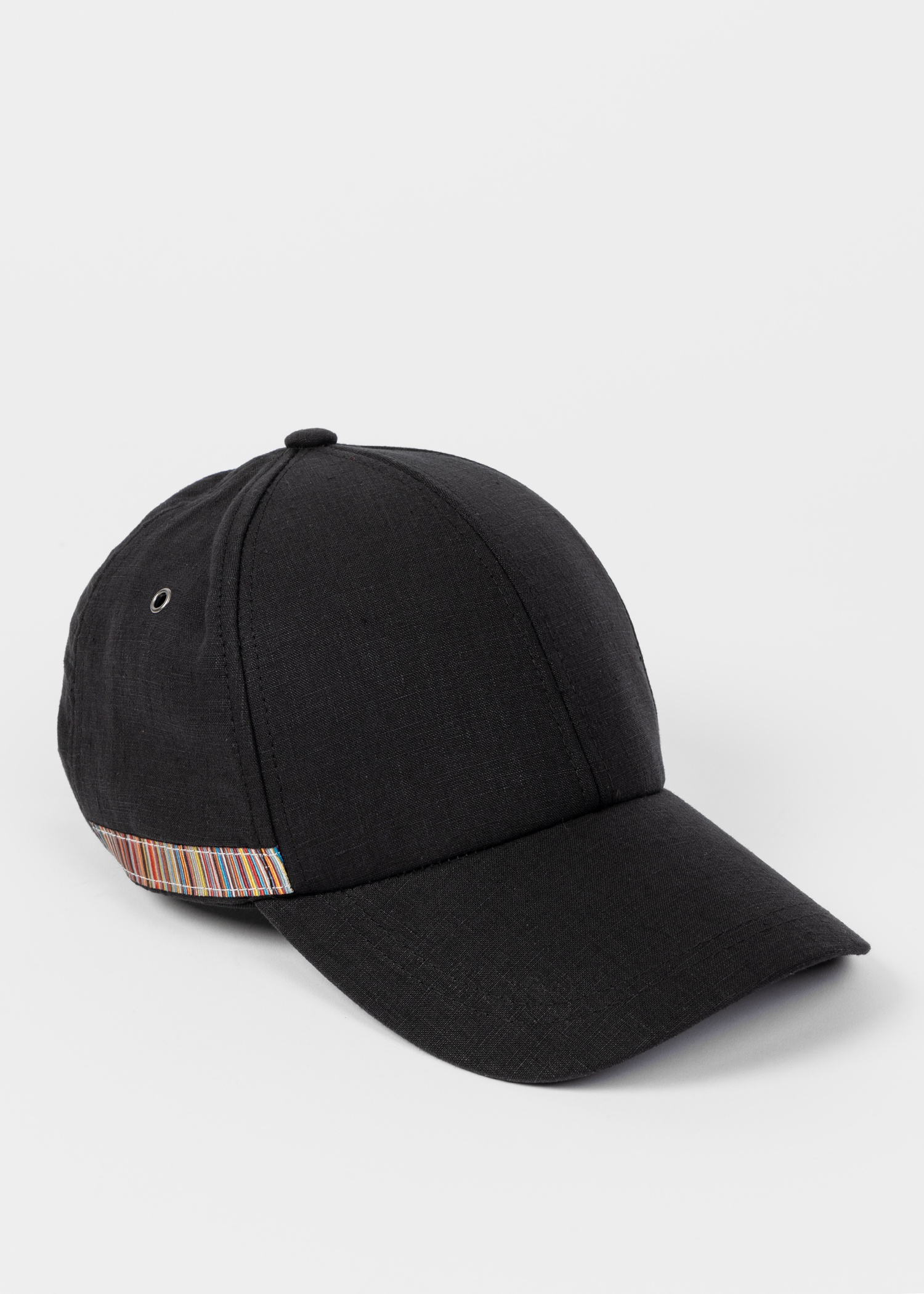 Black Linen Signature Stripe Trim Cap - 4