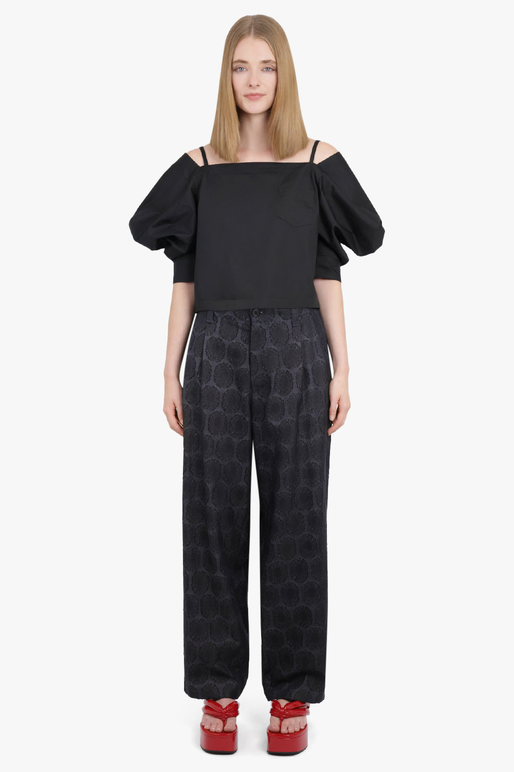 FLOWER JACQUARD TWO TUCK BANDING SLACKS | INDIGO BLUE - 2