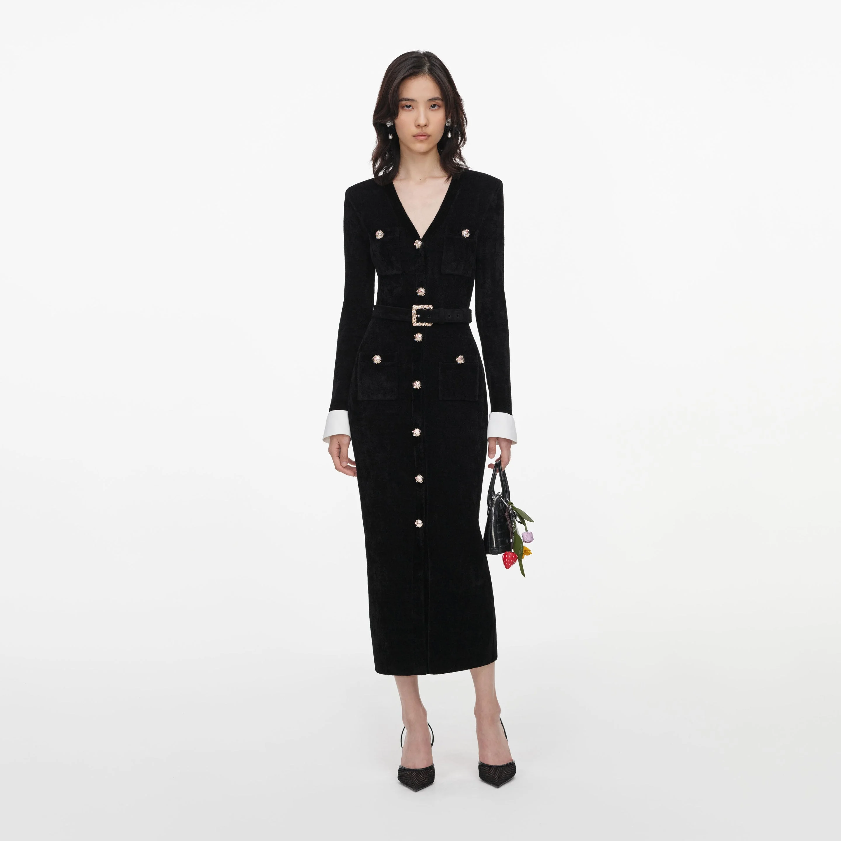 Black Chenille Knit Midi Dress - 1