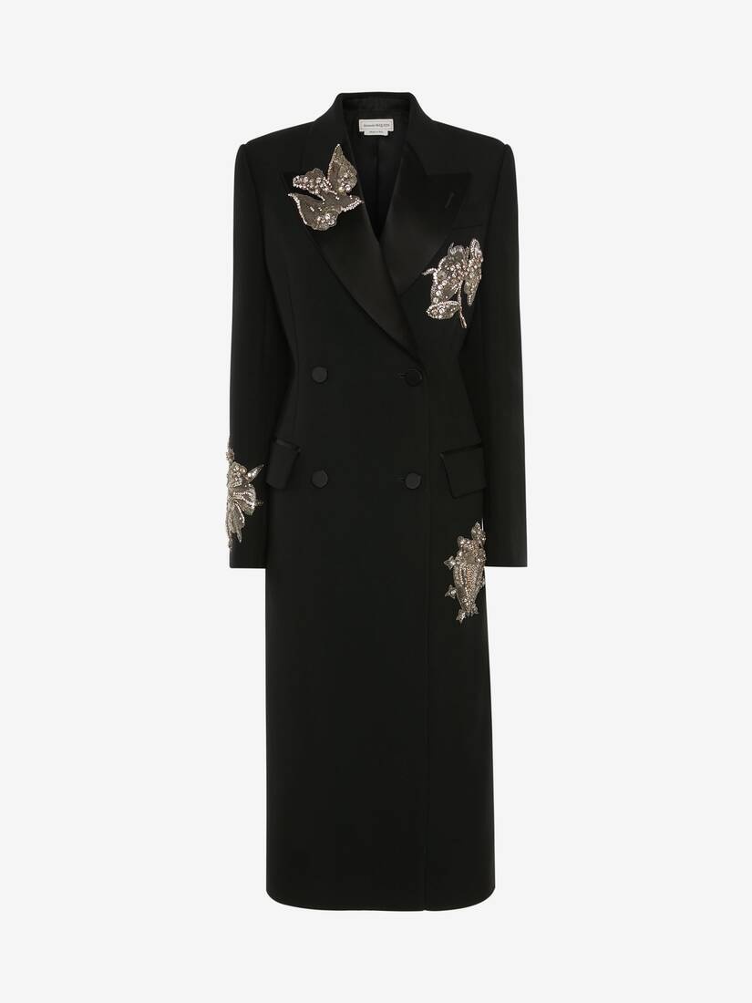 Embroidered Double Breasted Coat in Black - 1