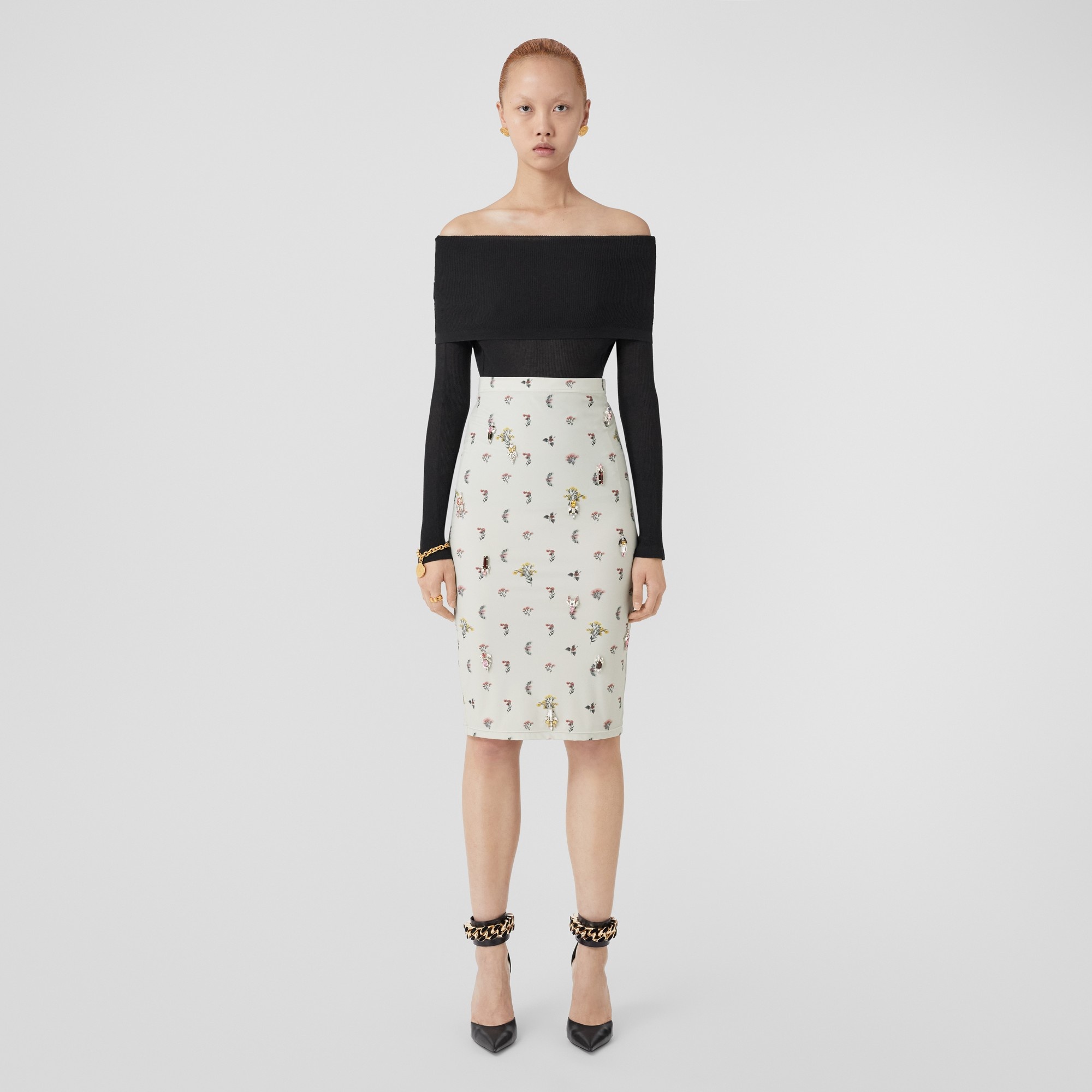 Crystal Floral Print Stretch Jersey Pencil Skirt - 5