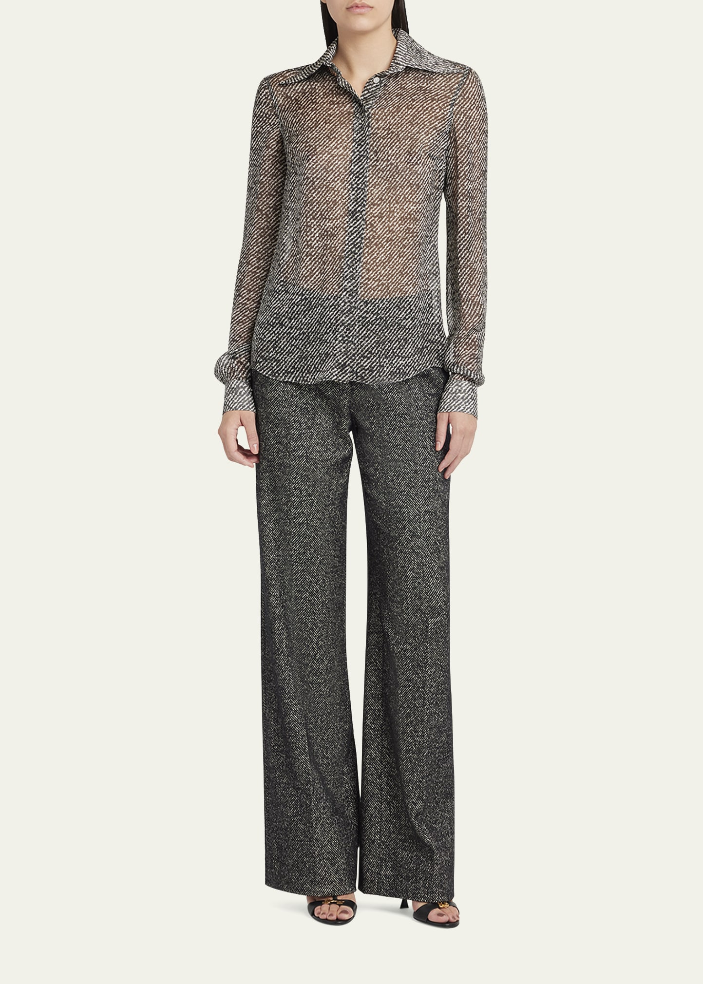 Boucle-Print Silk Chiffon Button-Down Shirt - 2