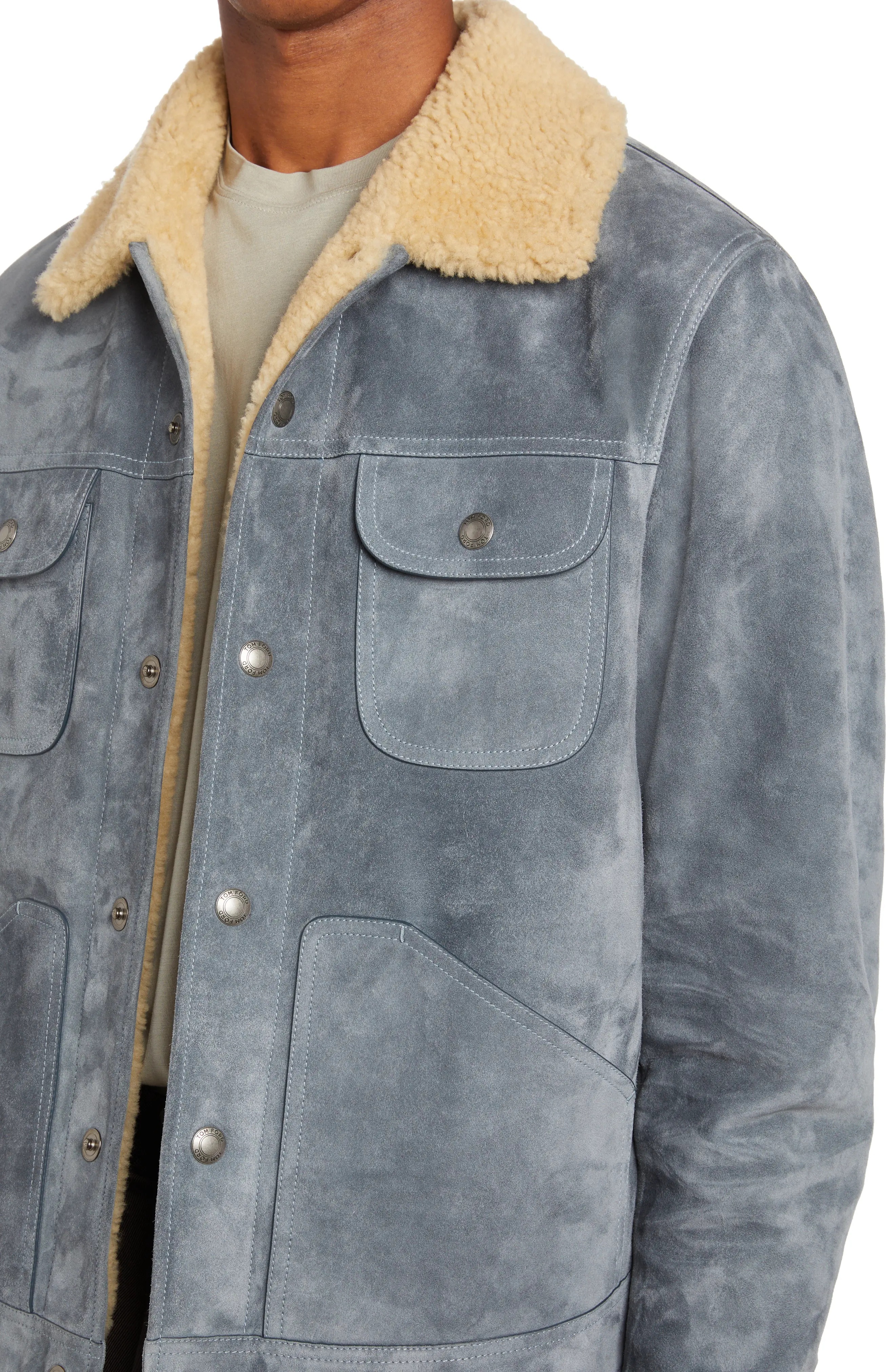 Calfskin Suede Trucker Jacket with Genuine Shearling Trim - 4