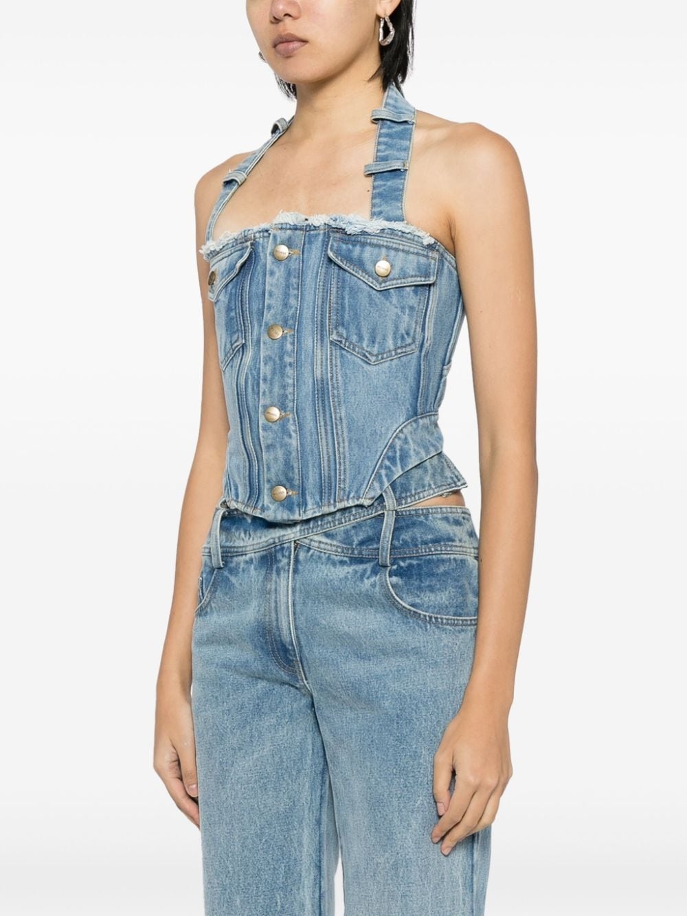 halterneck washed denim corset top - 3