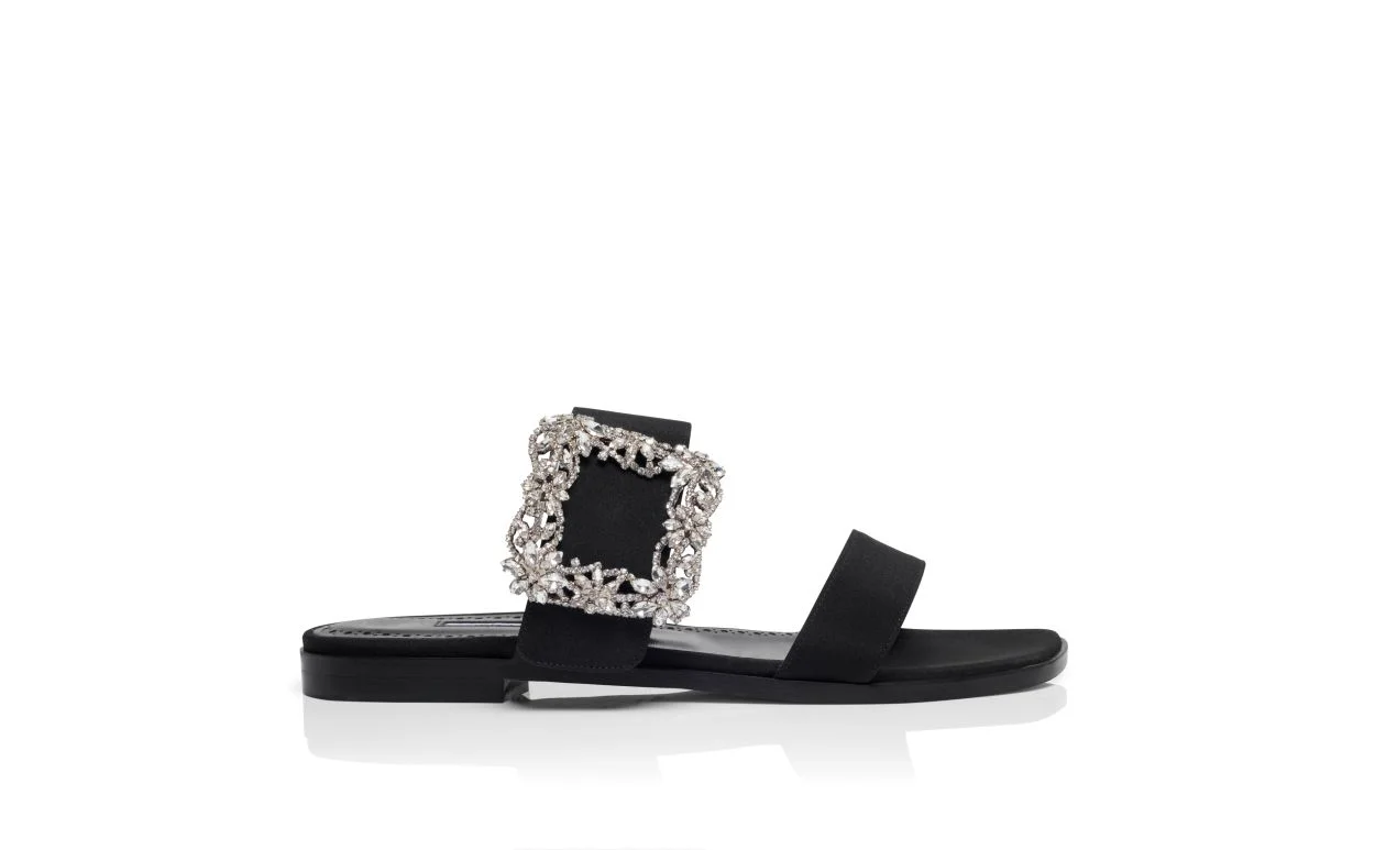 Black Crepe de Chine Flat Sandals - 1