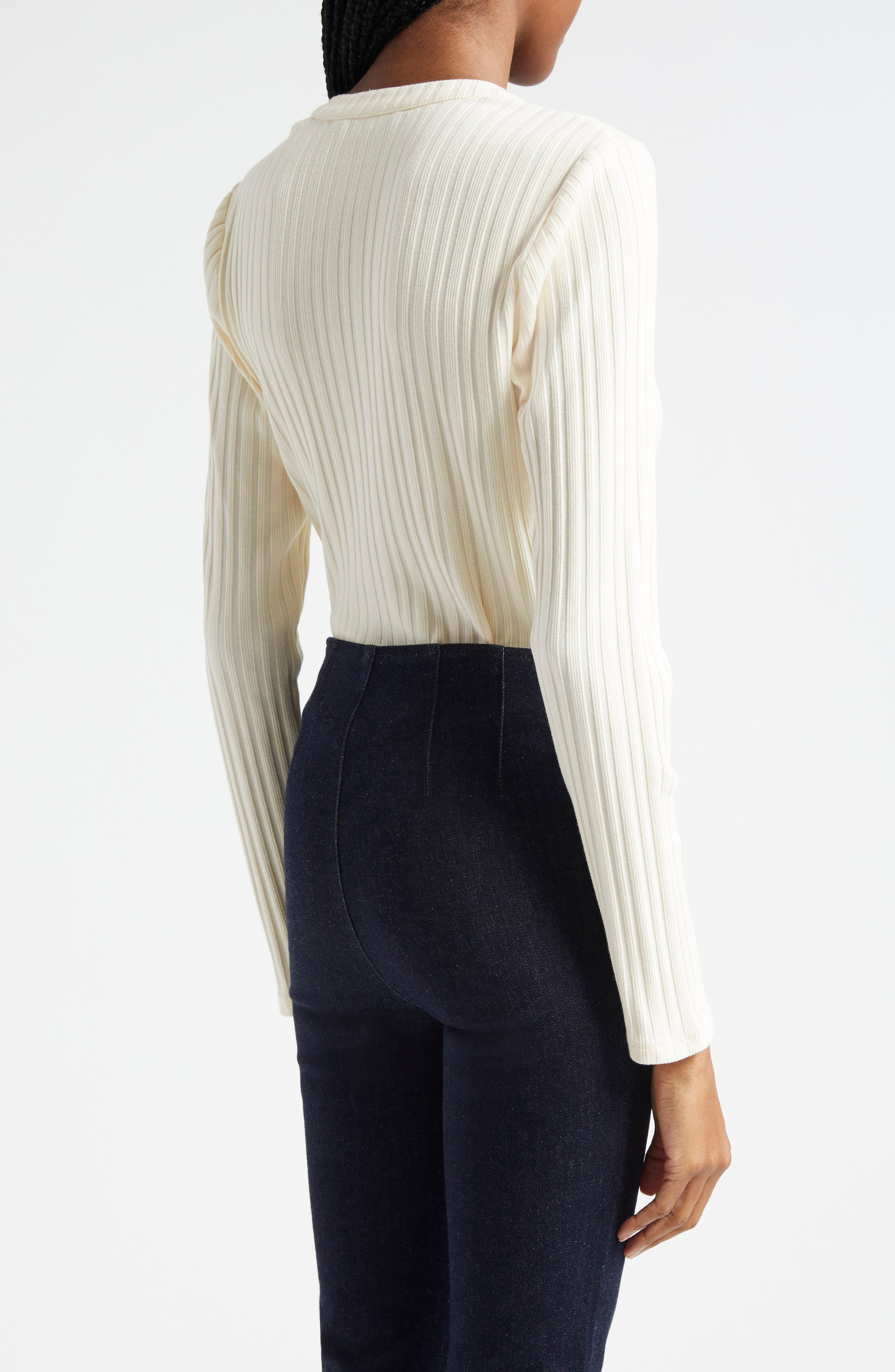 Veronica Beard Jocelyn V-Neck Rib Cotton Top in Ivory at Nordstrom - 3