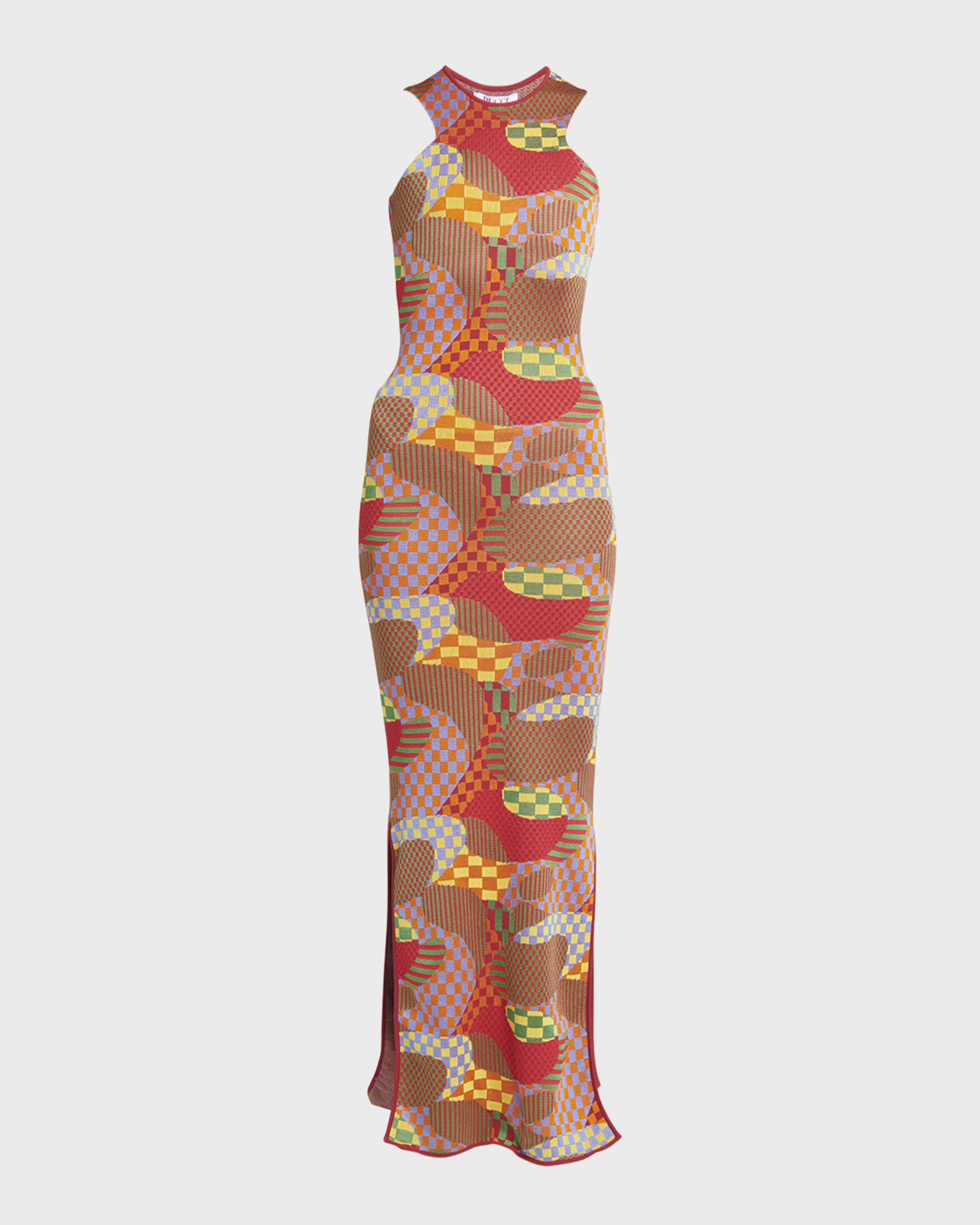 Abstract Knit Sleeveless Slits-Hem Maxi Dress - 1
