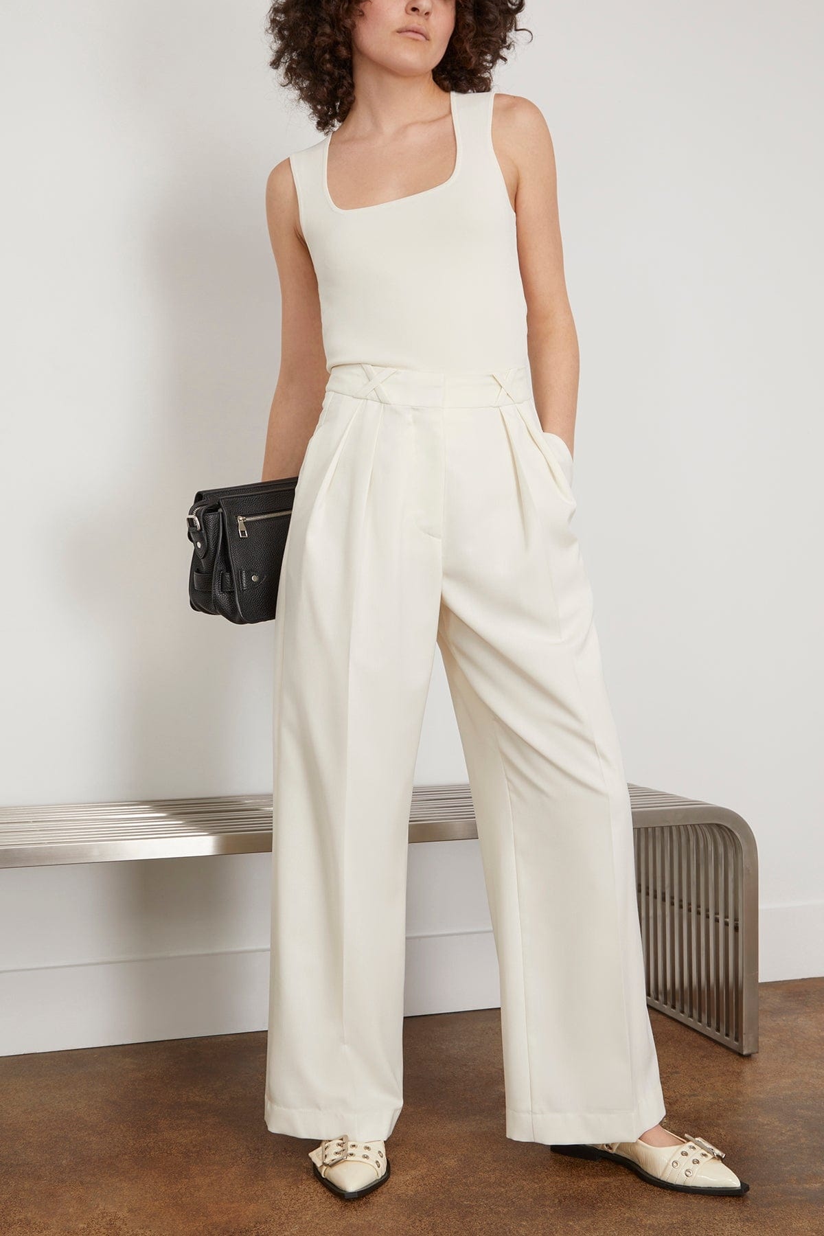 Wide Leg Tailored Trousers in Cream - 2