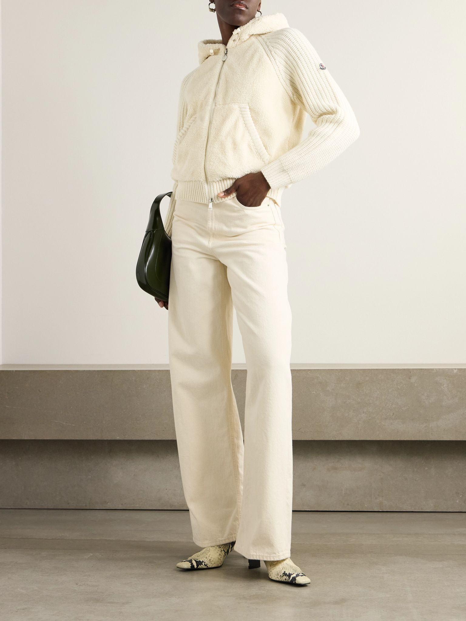 Hooded fleece and ribbed wool jacket Cream - 2
