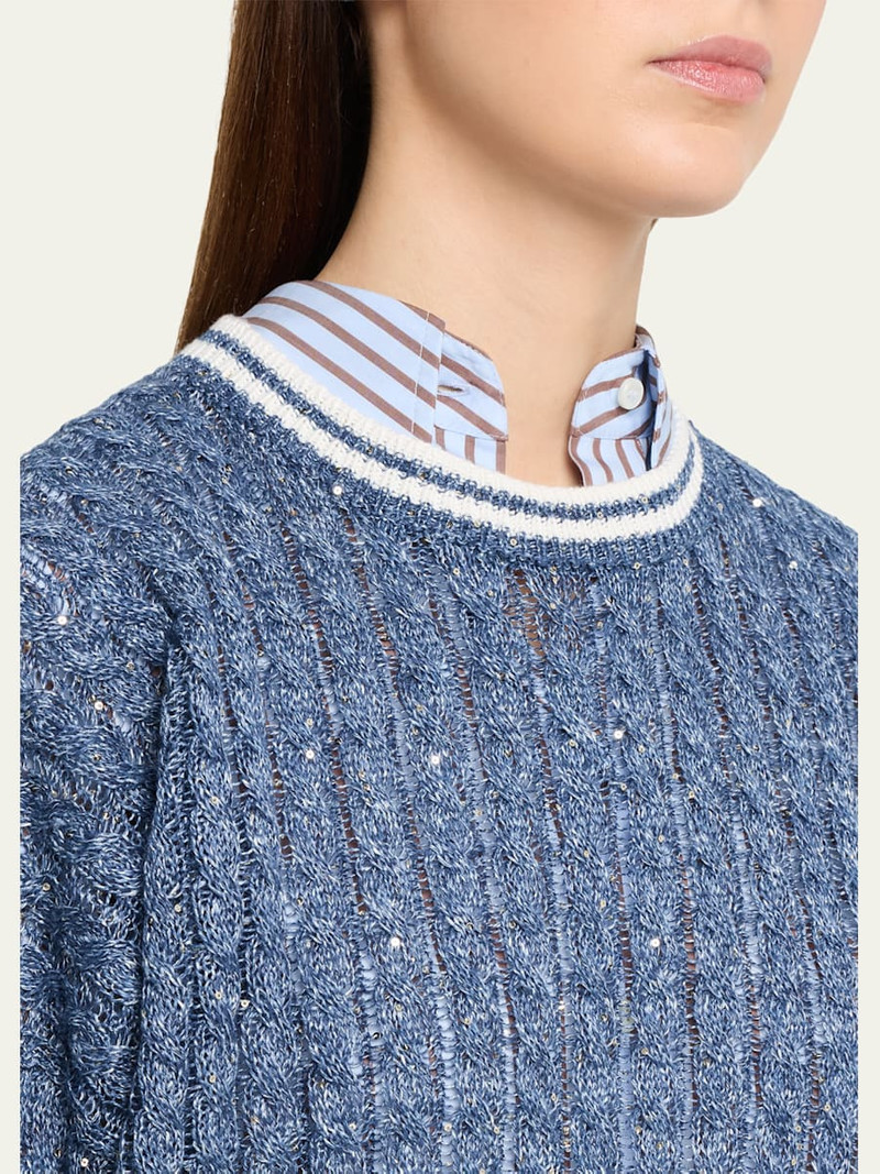 Linen Dazzling Cable Openwork Knit Crewneck Sweater 5