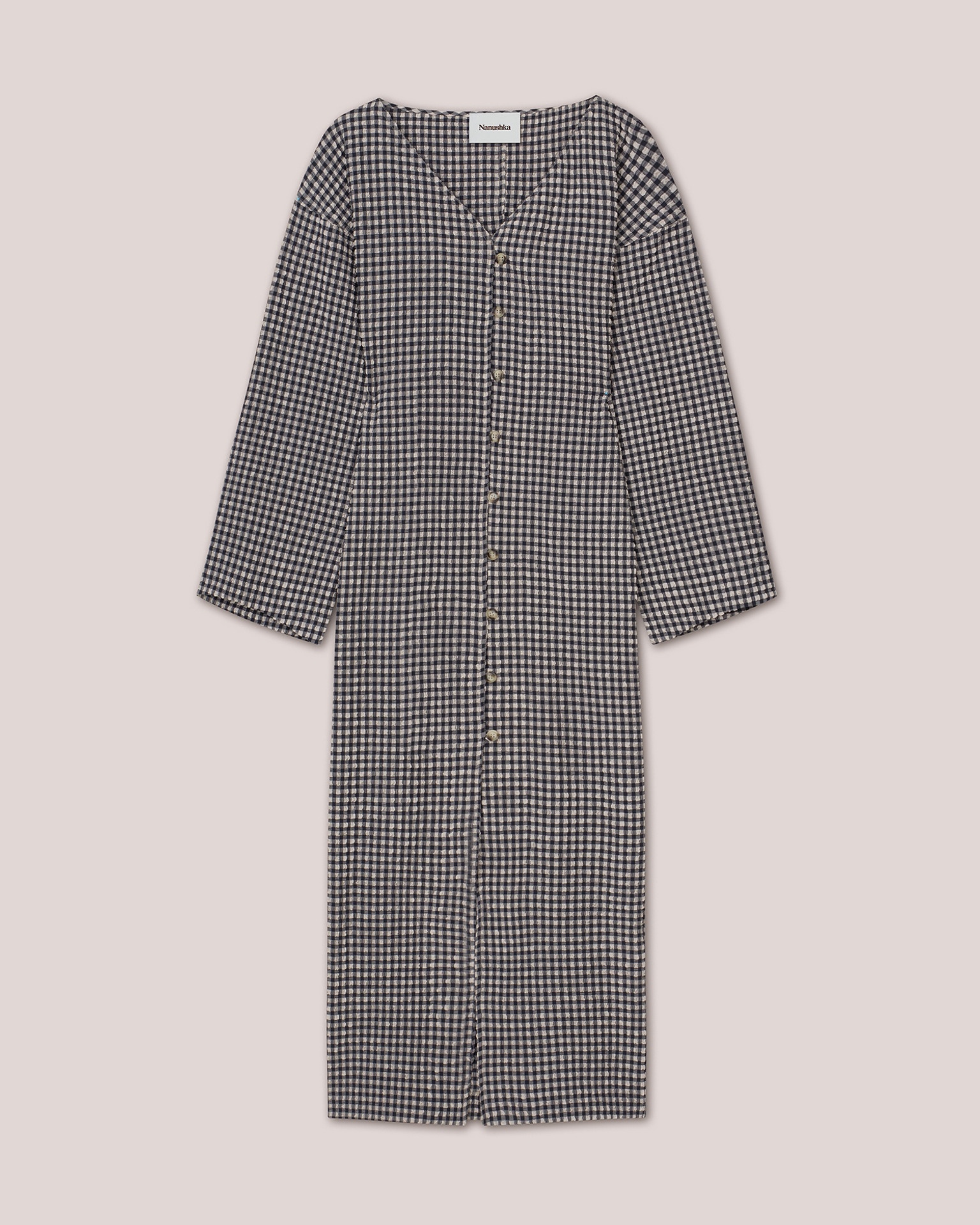 VERDA - Fitted button down seersucked check maxi dress - Navy/Creme - 1