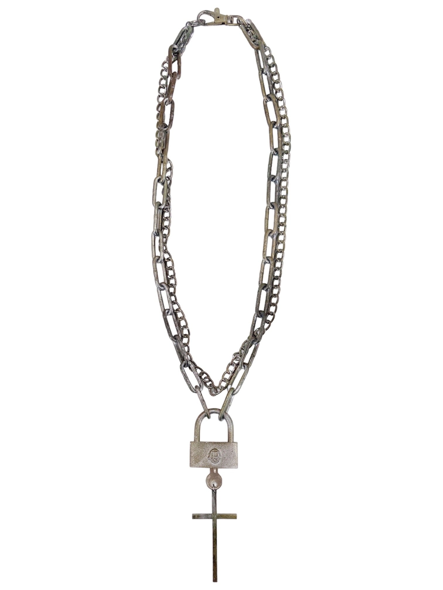 Jean Paul Gaultier 90s Sample Skull Lock Key Cross Double Chain Necklace - 4