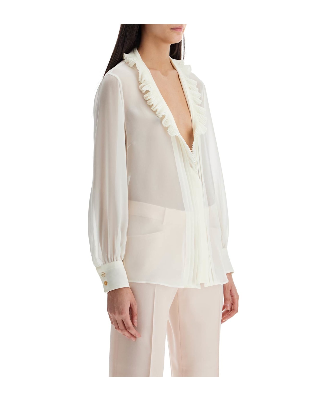 Cream Silk Shirt With Ruffled Collar And Mother-of-pearl Buttons - 1