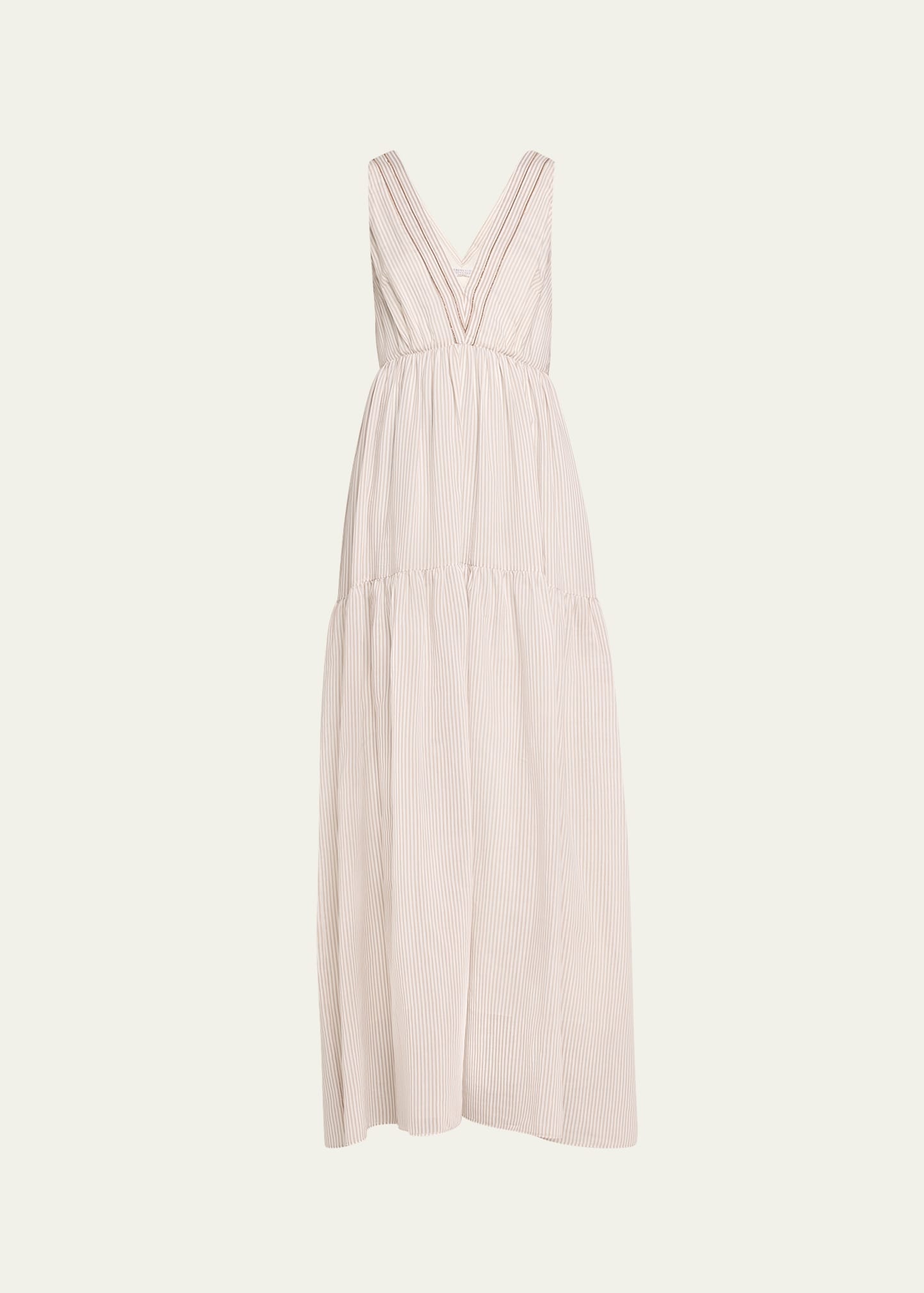 Cotton Silk Striped Maxi Dress with Ruffled Waist and Monili Detail - 1