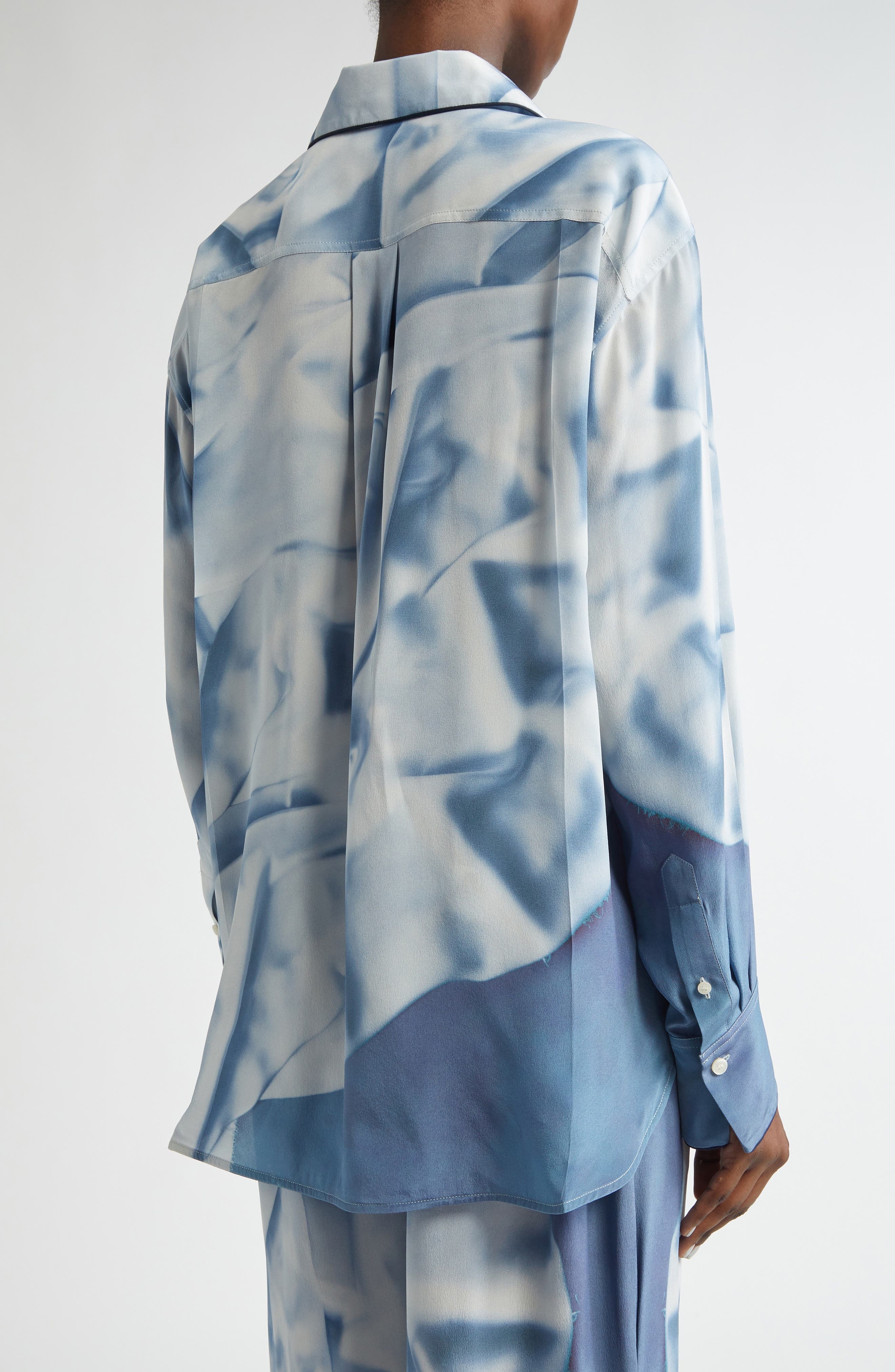 Victoria Beckham Piped Floral Silk Satin Button-Up Pajama Shirt in Satin Flowers Ice Blue at Nordstr - 3