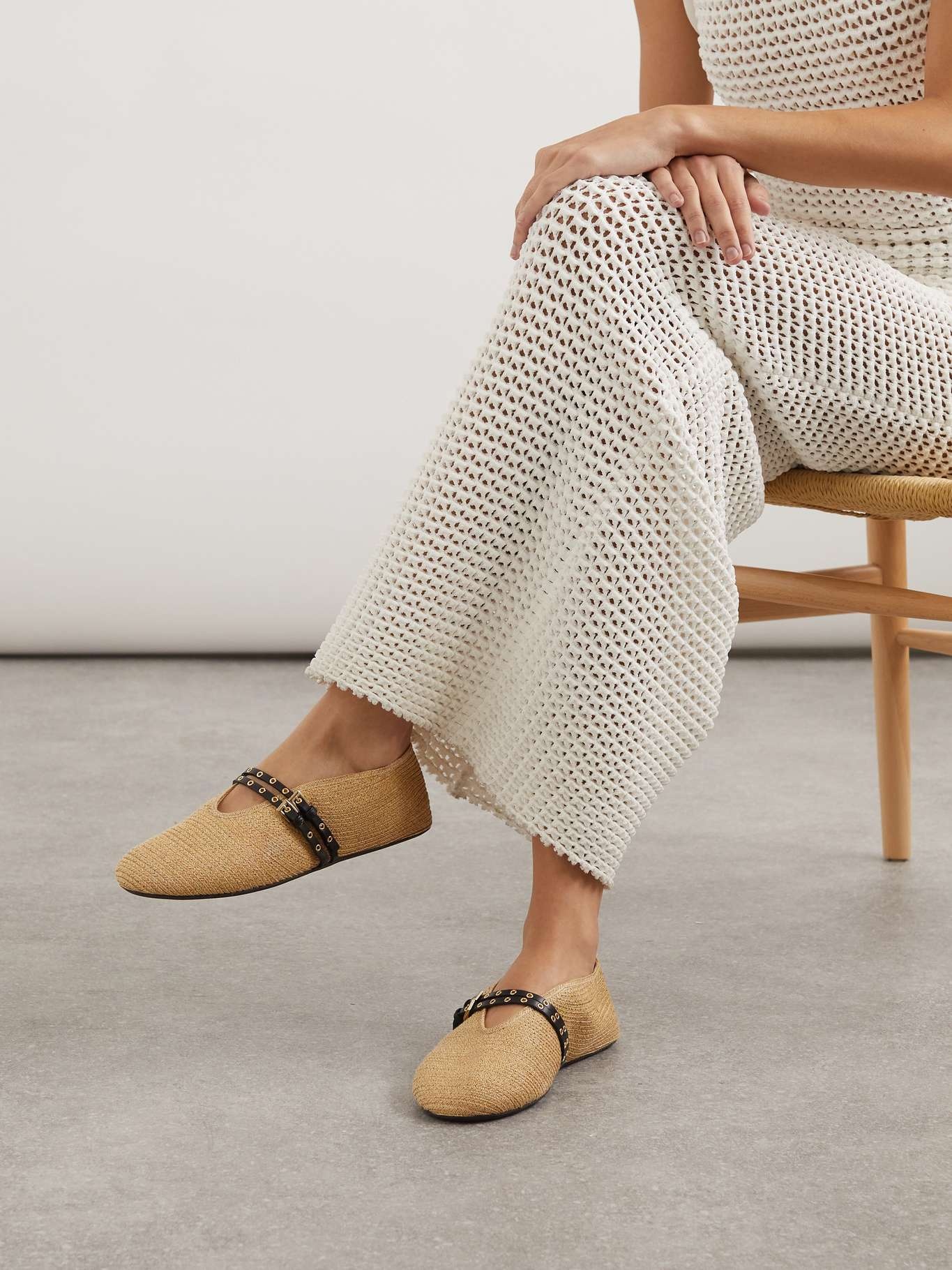 Alaïa Leather-trimmed raffia ballet flats | netaporter