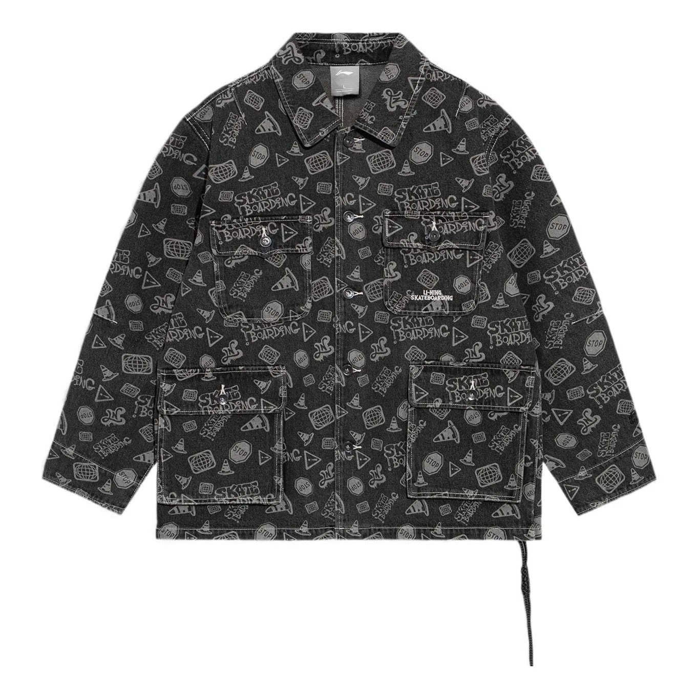 Li-Ning Skateboard Series Full Print Loose Washed Denim Jacket 'Black Grey' AJDS047-4 - 1